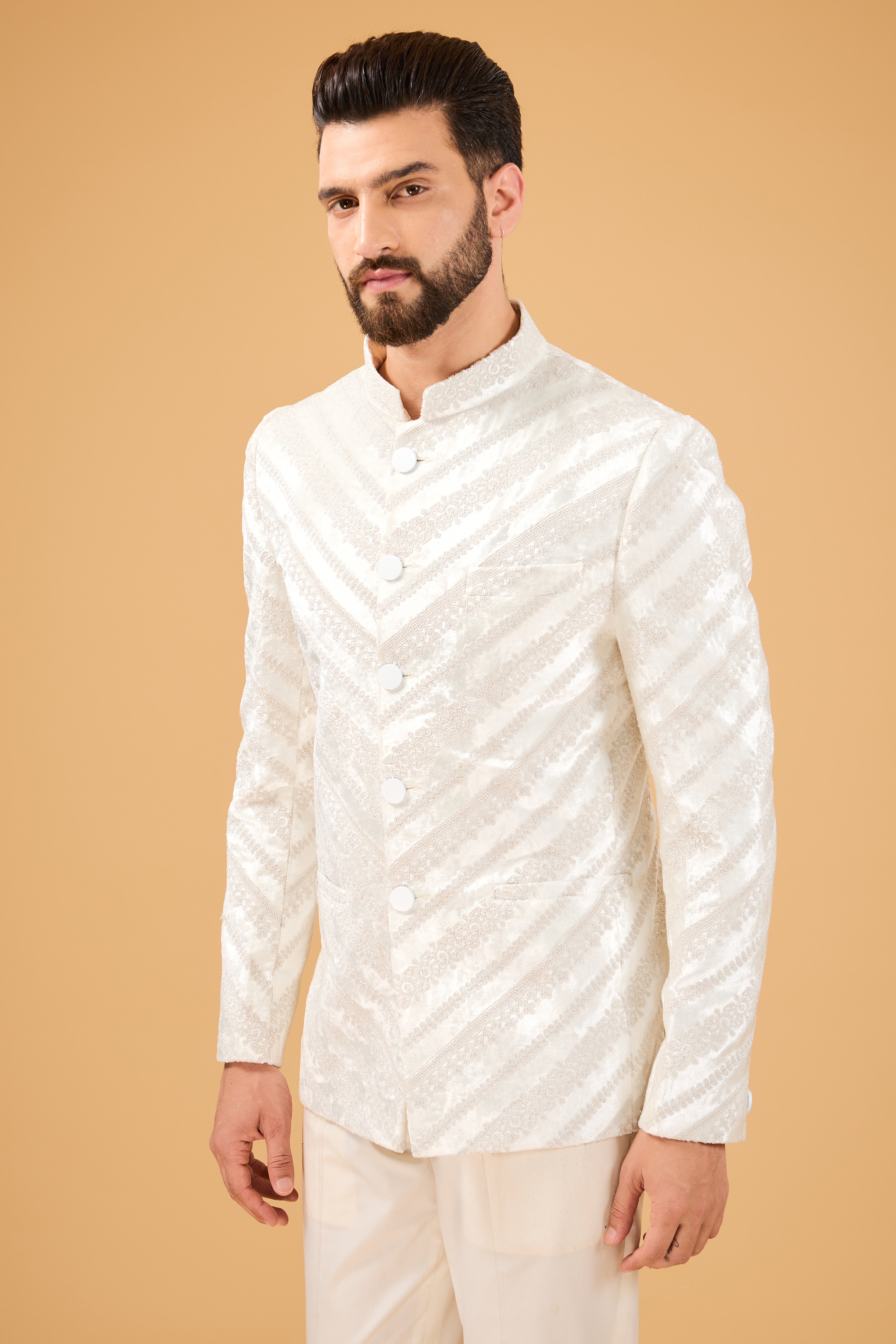 Ivory bandhgala with intricate dori work on velvet. - kasbahmen