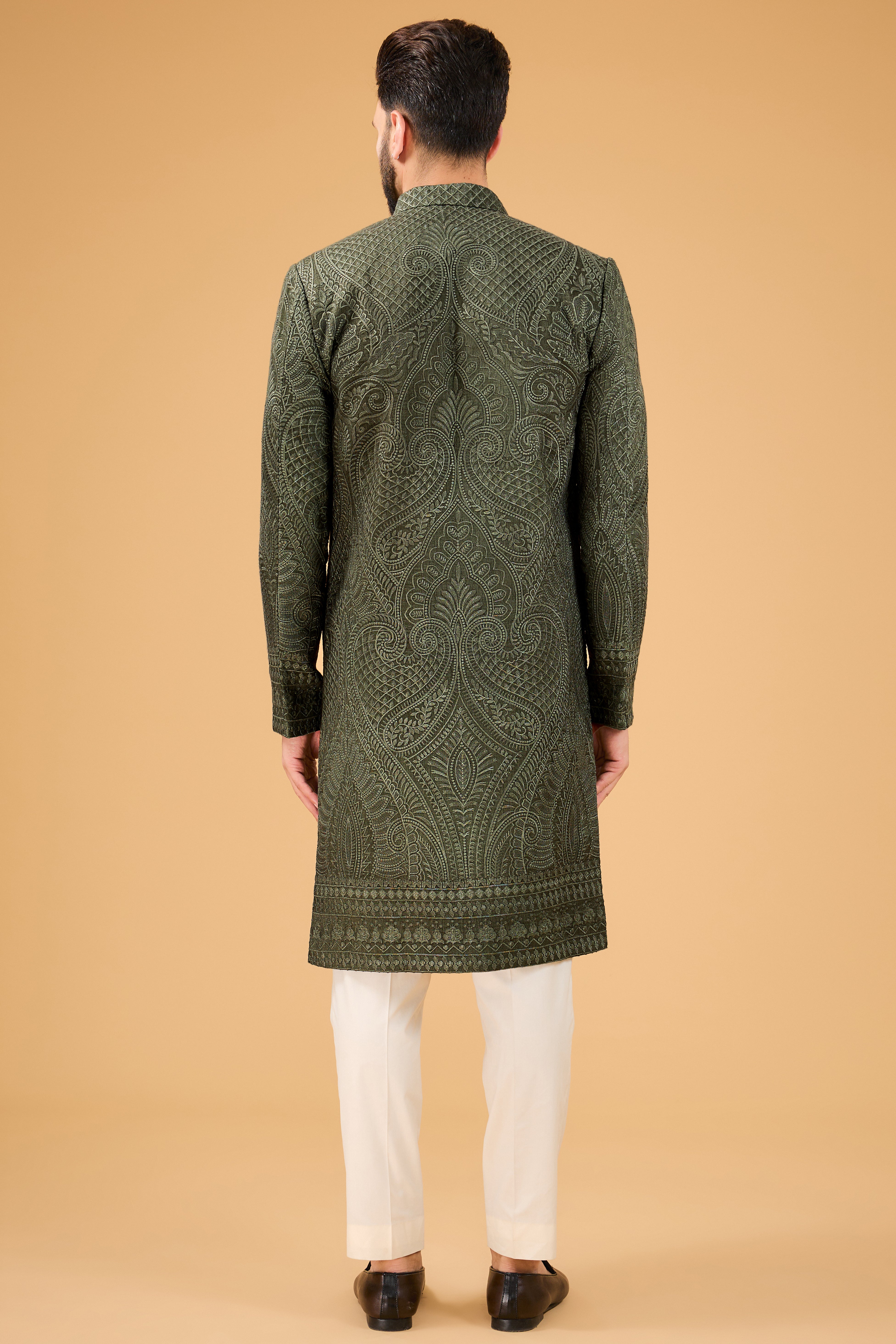 Military green kashmiri embroidered sherwani. - kasbahmen