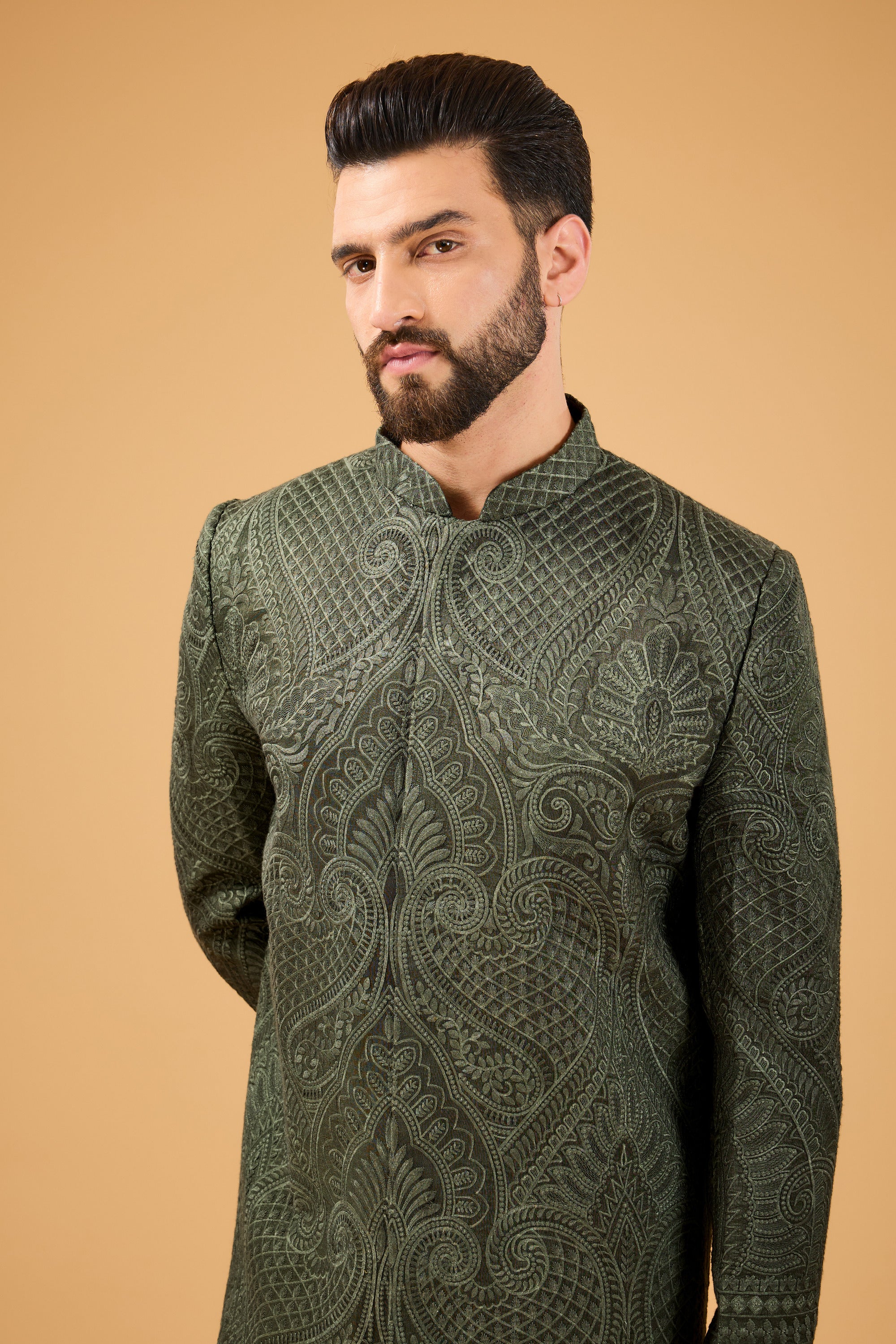 Military green kashmiri embroidered sherwani. - kasbahmen