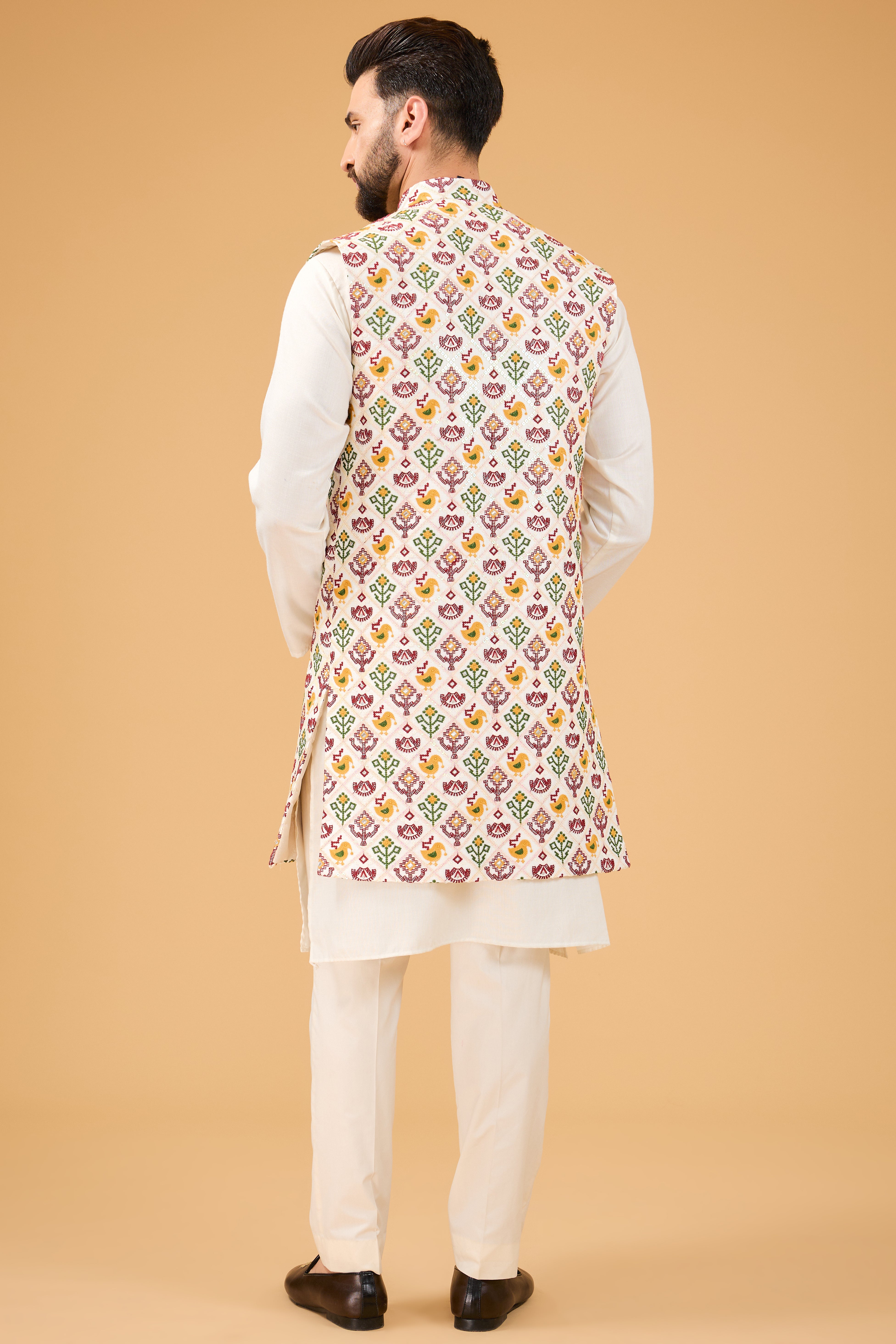 ivory long open shrug with with intricate phulkari embroidery - kasbahmen