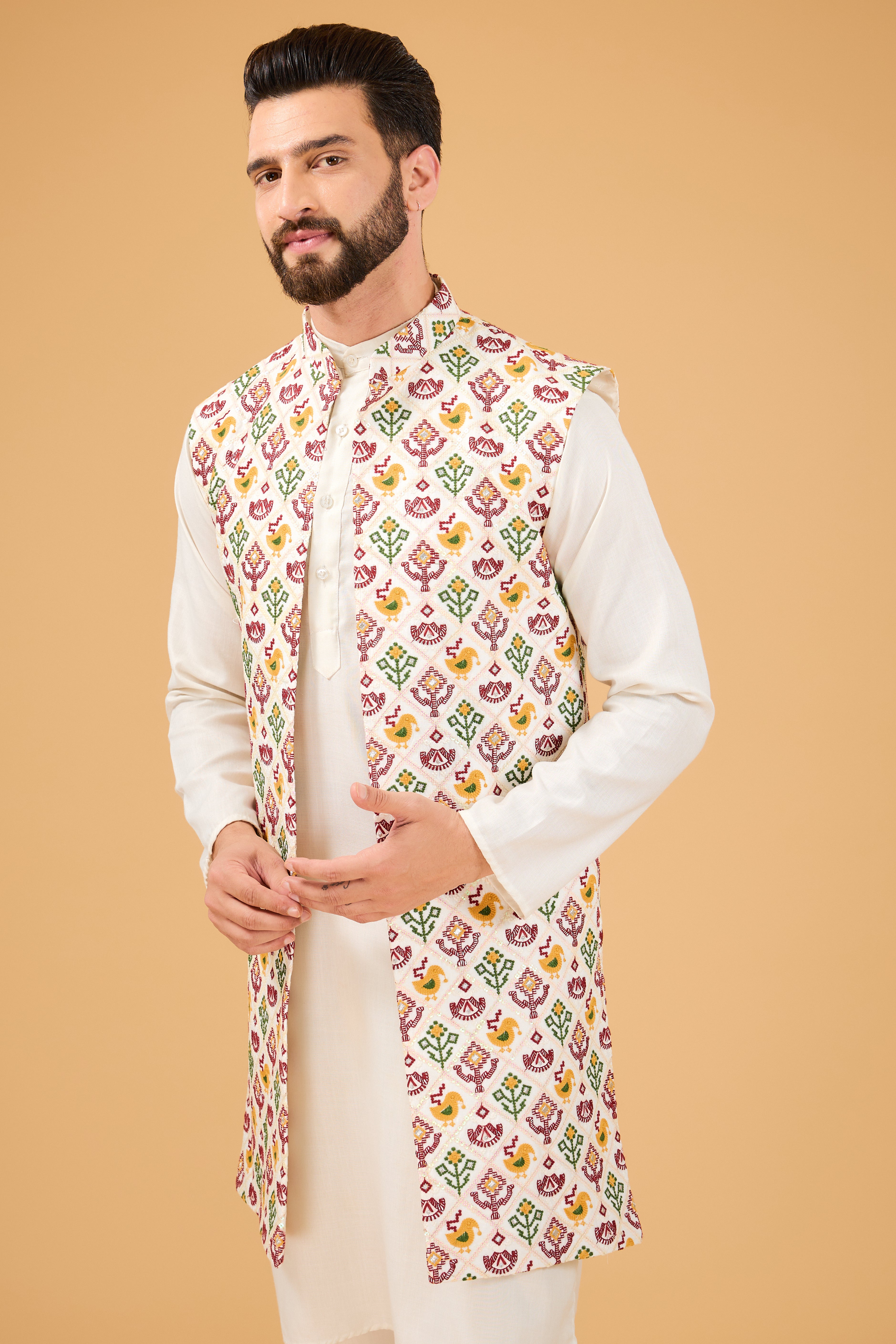 ivory long open shrug with with intricate phulkari embroidery - kasbahmen
