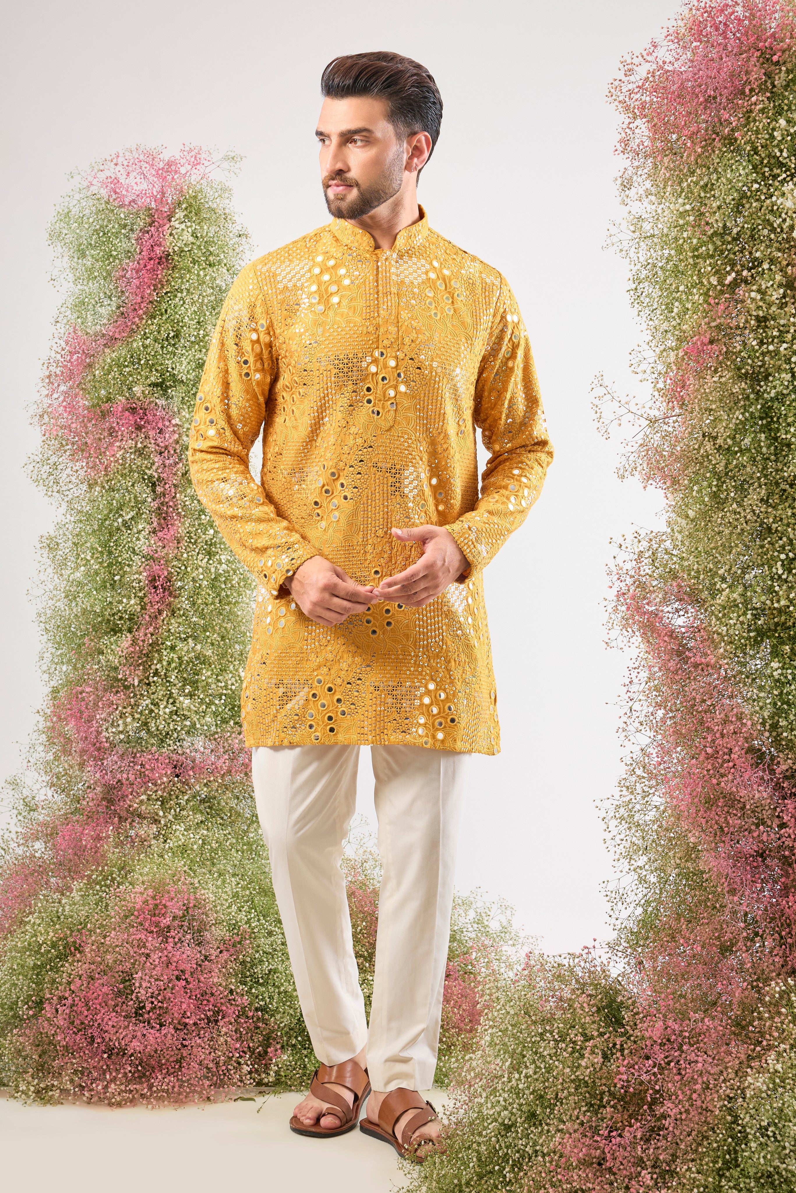 mustard short mirror work kurta with delicate floral pattern and sequin embroidery