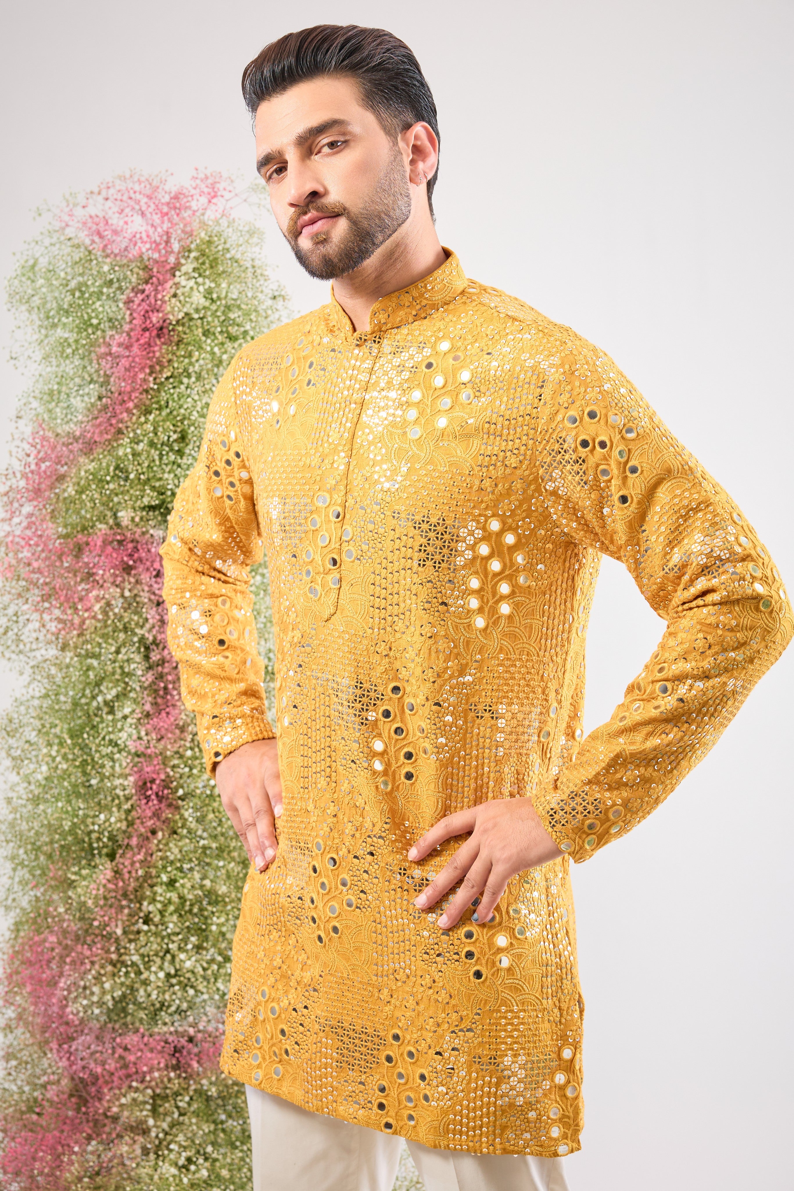 mustard short mirror work kurta with delicate floral pattern and sequin embroidery