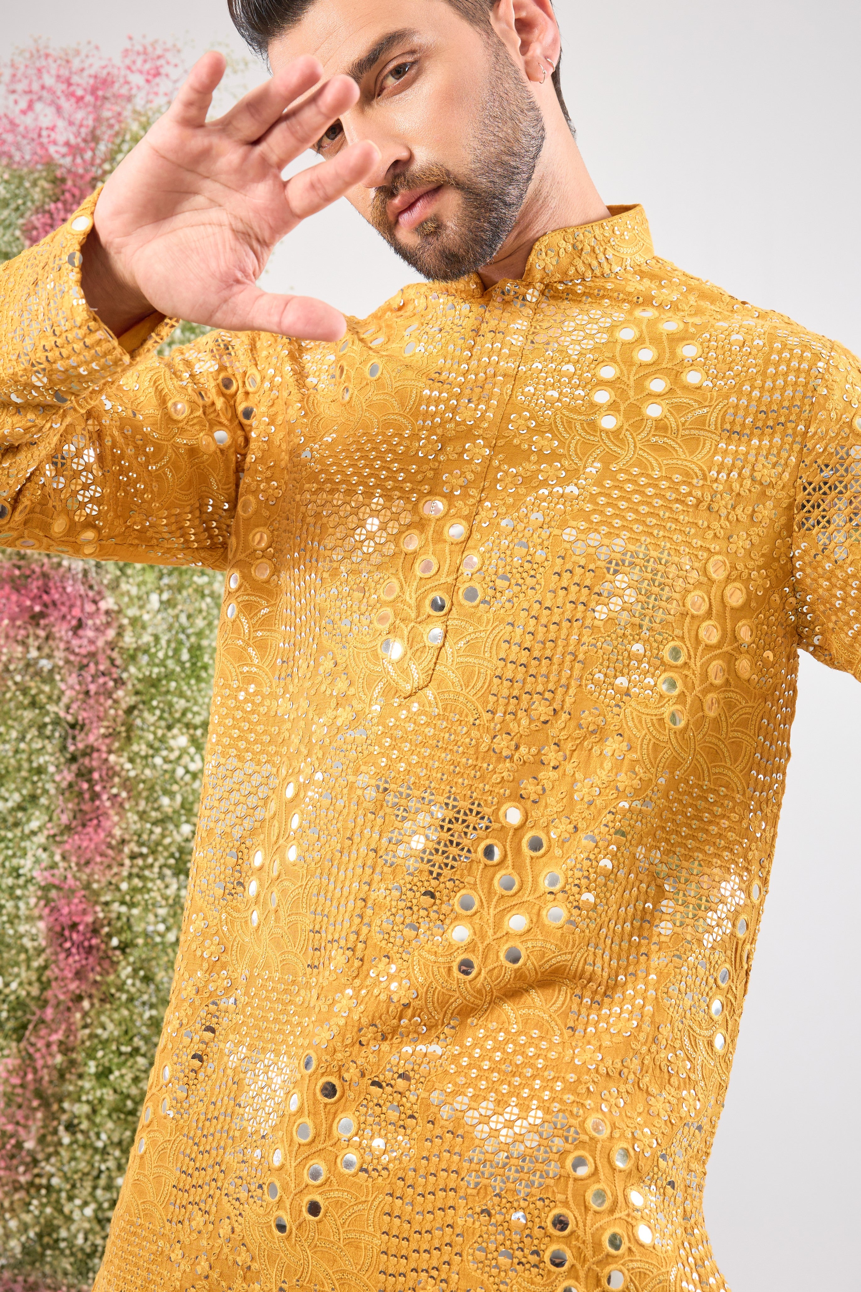 mustard short mirror work kurta with delicate floral pattern and sequin embroidery