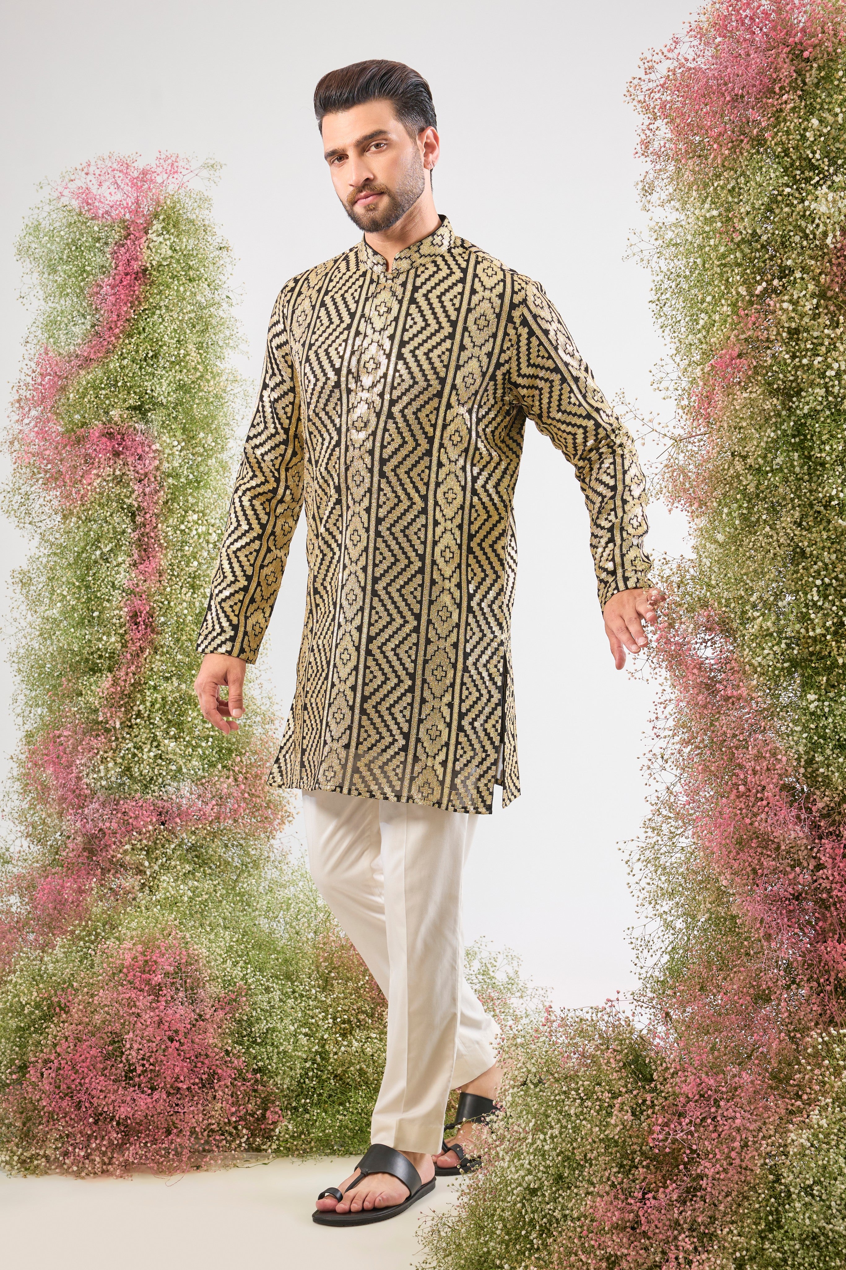 Bold Black, brilliant Gold. Our Short Kurta is pure evening drama!