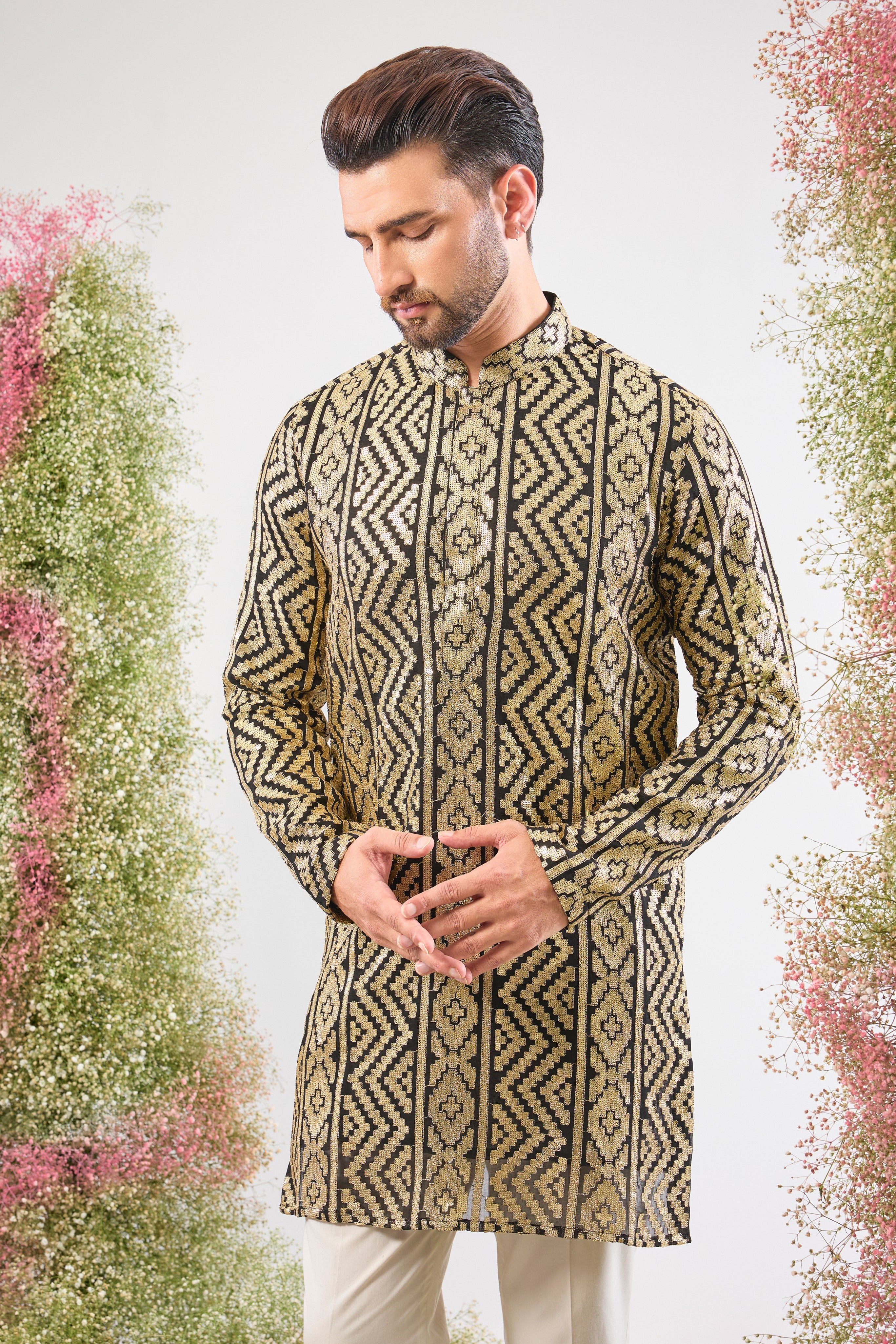 Bold Black, brilliant Gold. Our Short Kurta is pure evening drama!