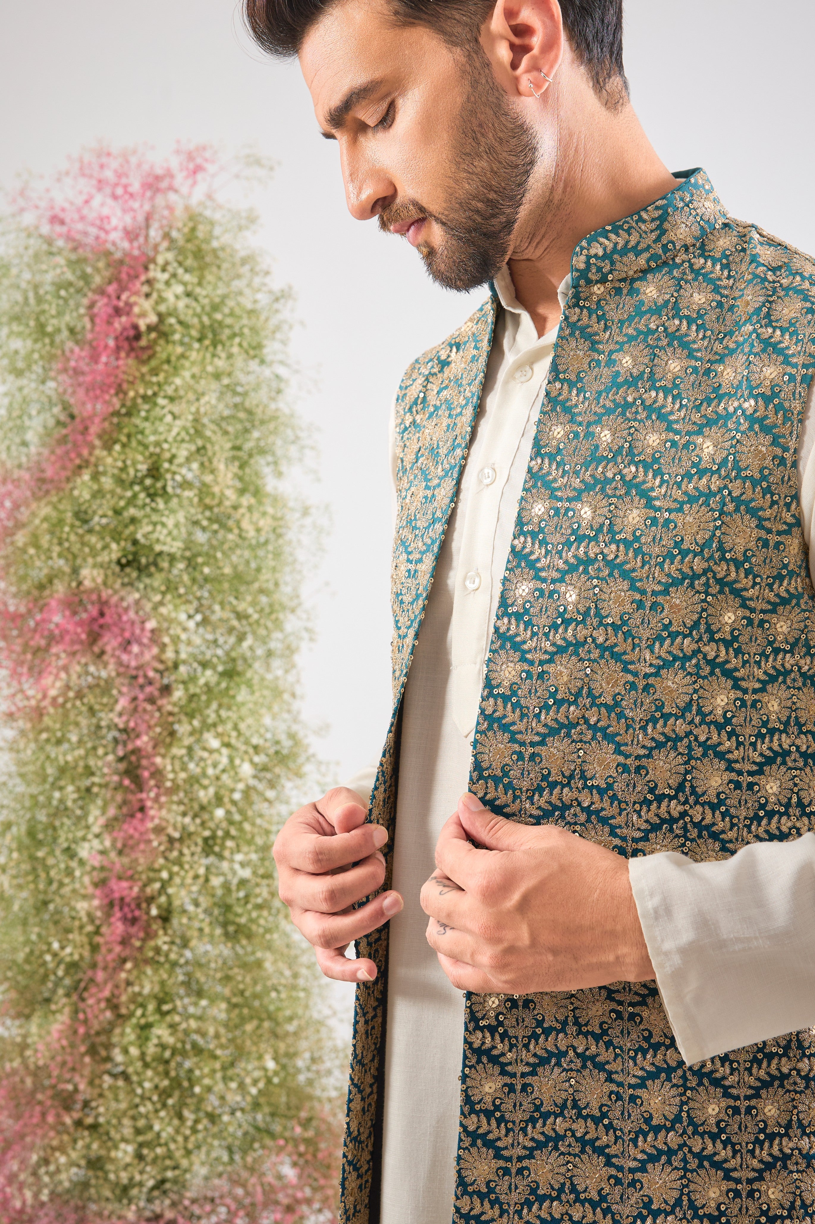 Blue Ombre brilliance. Our Long Open Jacket is dressed in intense Heavy Zari and Sequin Work. Maximum impact, minimal effort. 💙