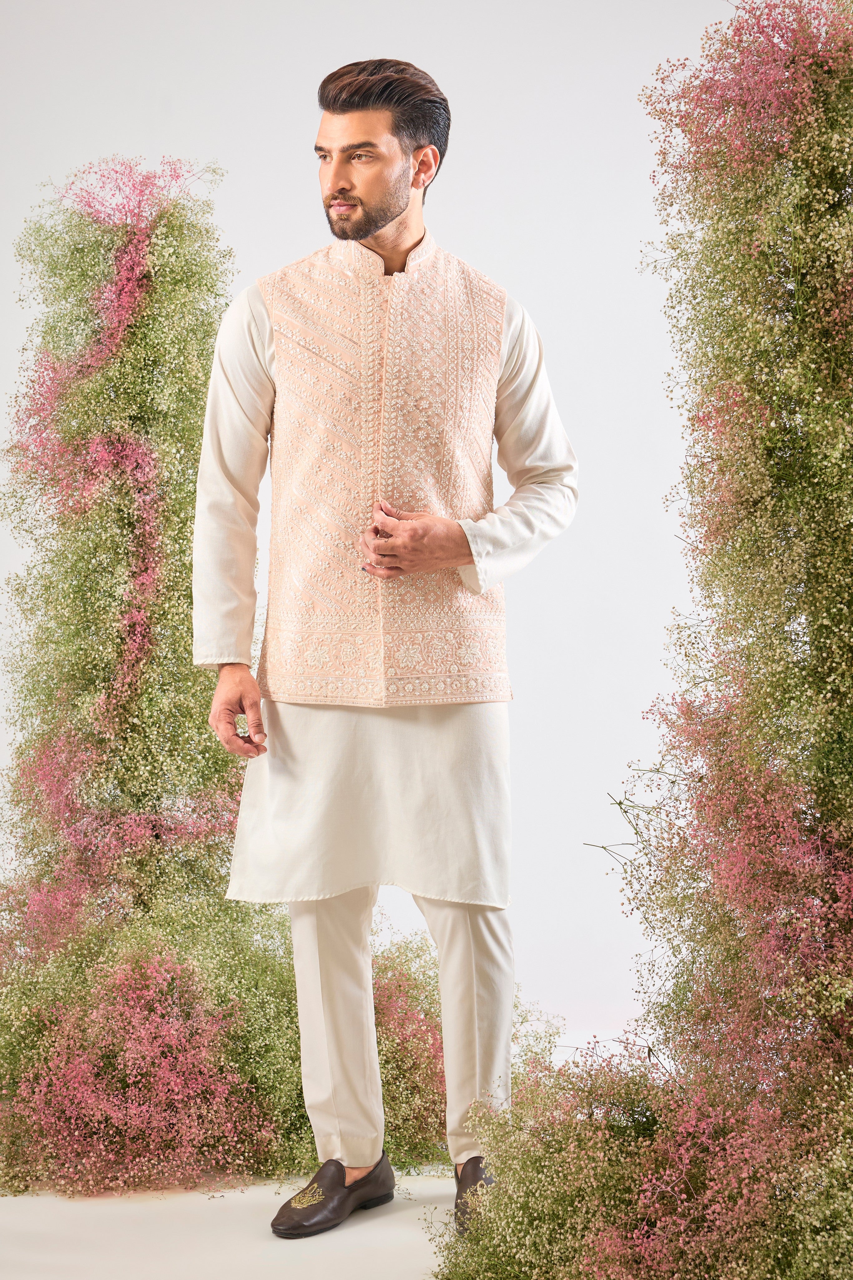 Pink Power. Pure Opulence. This Short Jacket with Heavy Hand Work Cut Dana is one of our heaviest Nehru Jackets EVER! Unforgettable craftsmanship.