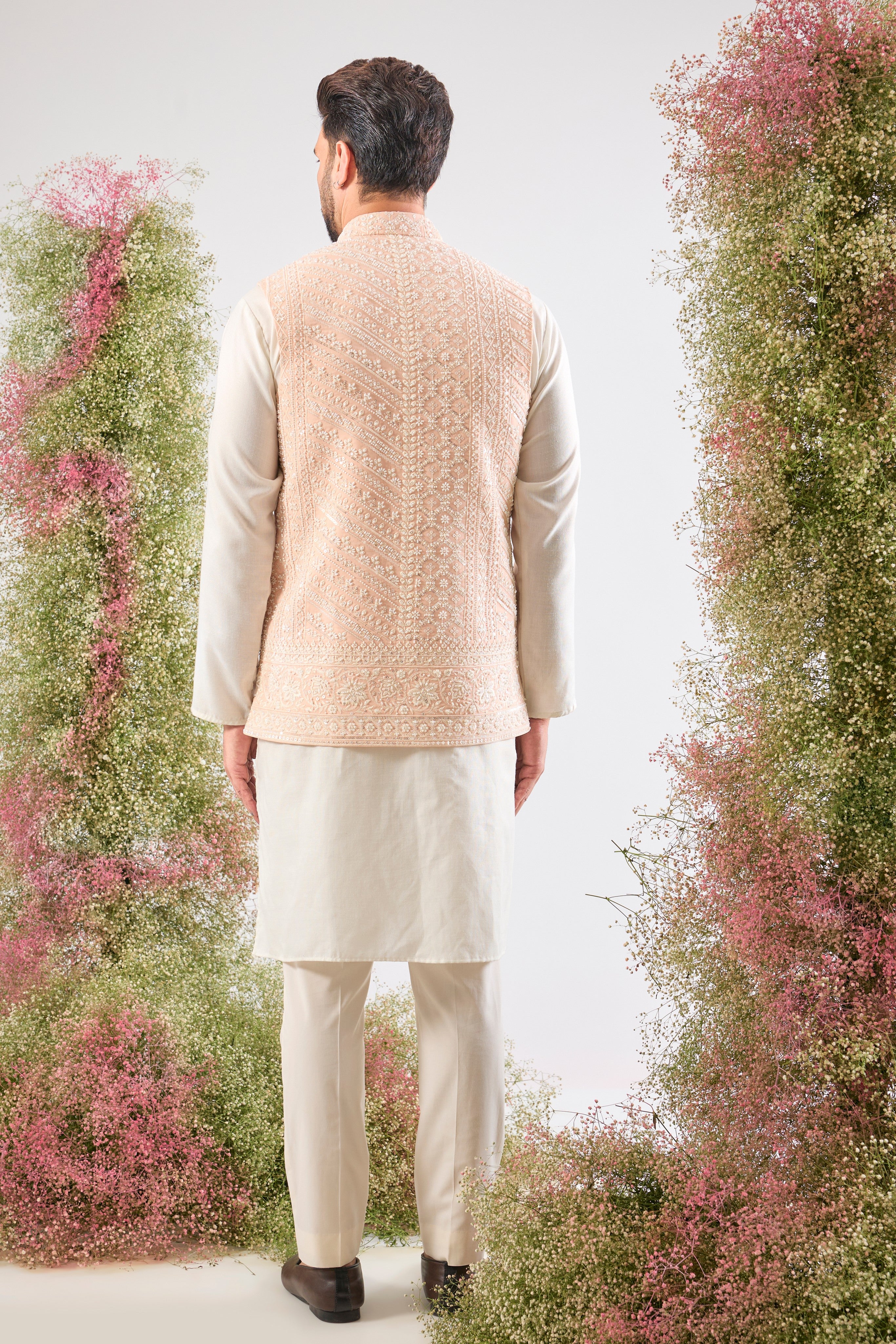 Pink Power. Pure Opulence. This Short Jacket with Heavy Hand Work Cut Dana is one of our heaviest Nehru Jackets EVER! Unforgettable craftsmanship.