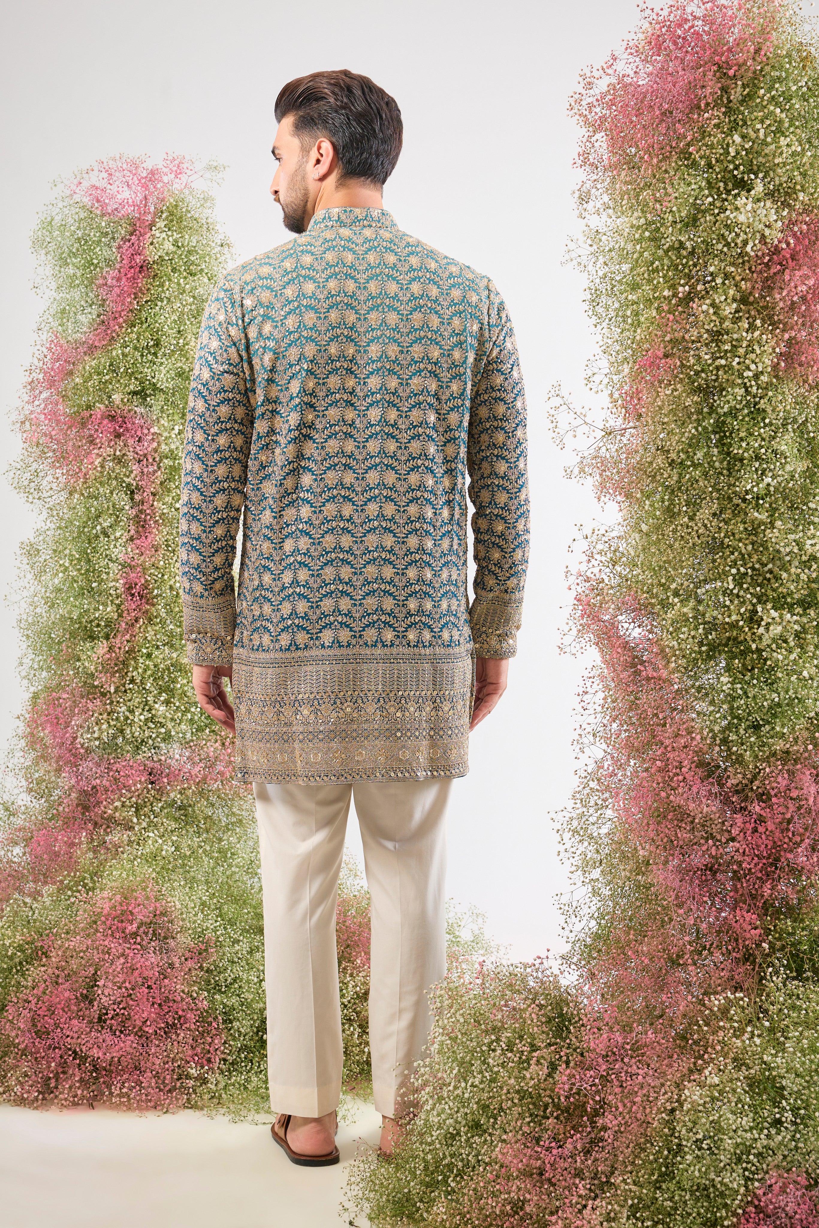 Blue Ombre brilliance. Our Short Kurta is fully adorned with Heavy Zari Work and shimmering sequin details. Bold style, short silhouette.