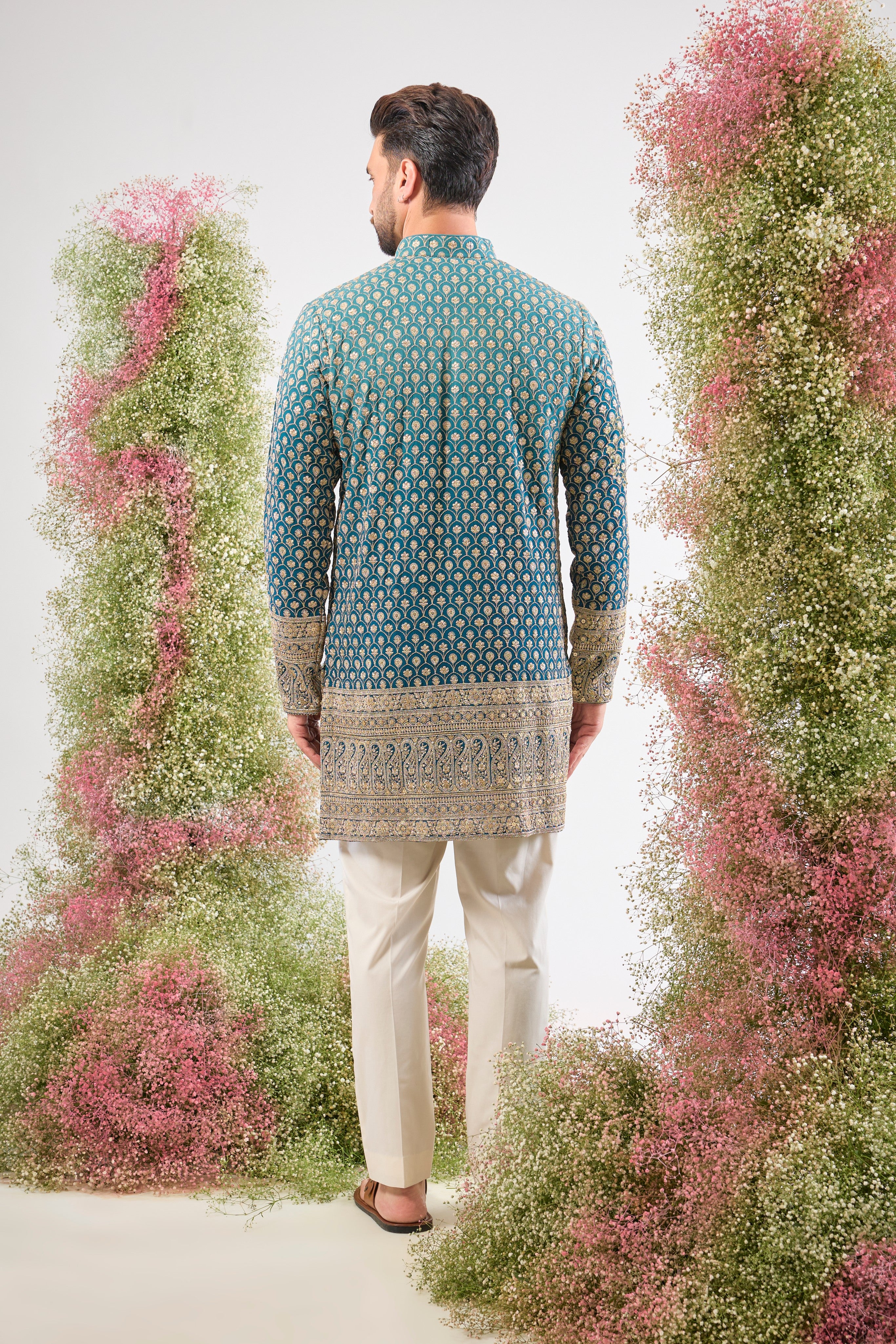 Blue Ombre brilliance. Our Short Kurta is fully adorned with Heavy Zari Work and shimmering sequin details. Bold style, short silhouette.