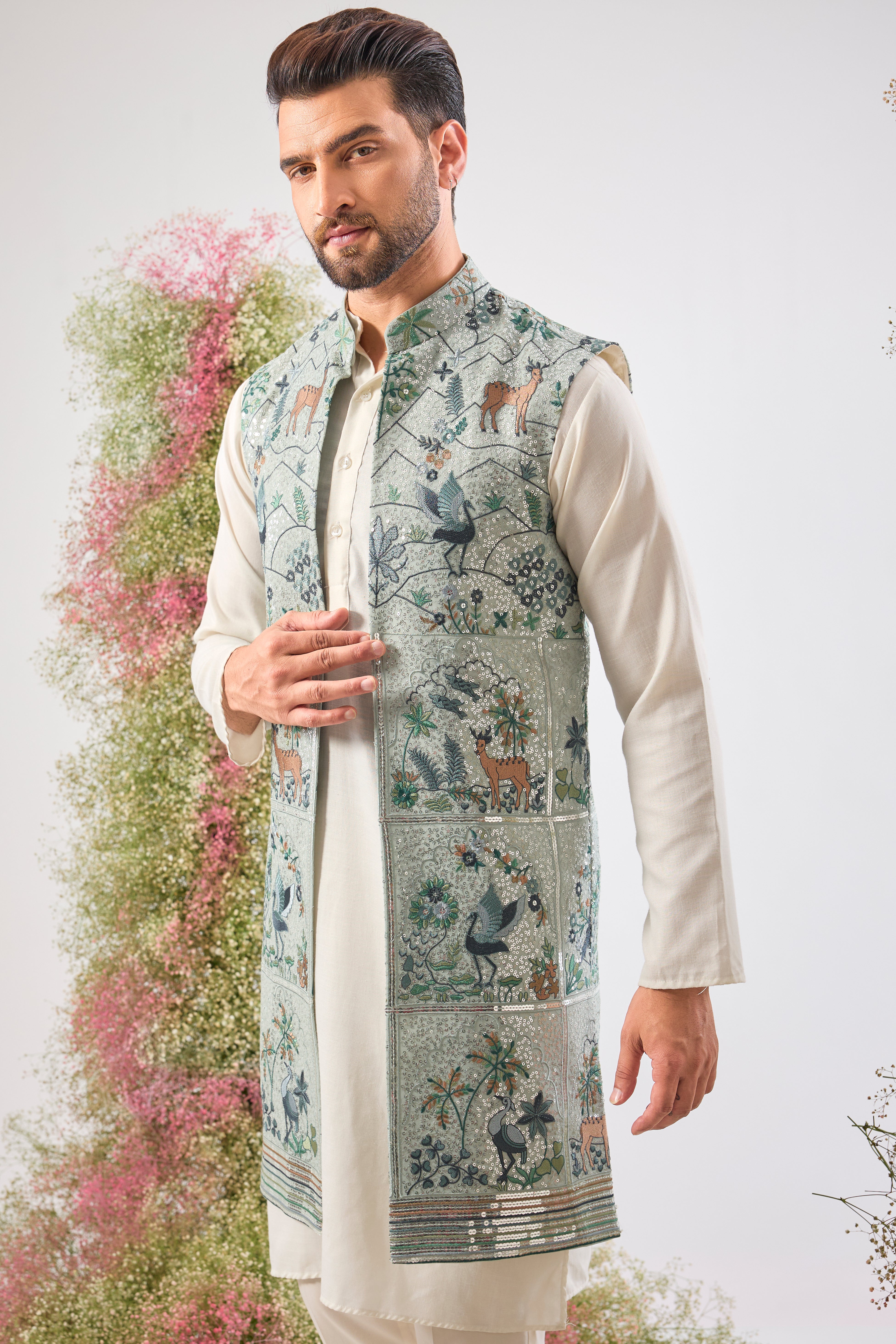 This Long Open Jacket is a masterpiece of light and detail, showcasing a beautiful,