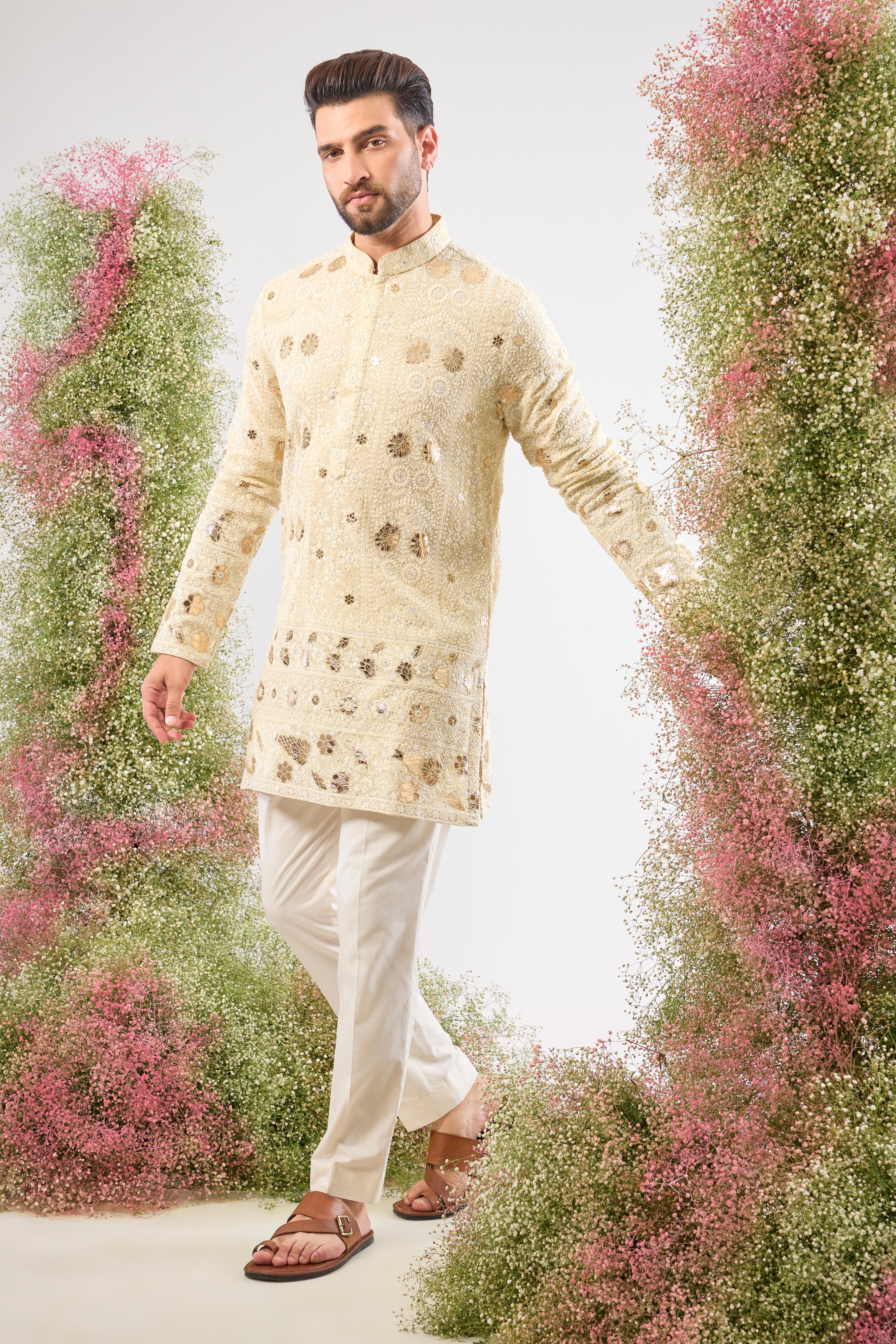 This Kurta combines the beauty of detailed Chikankari with striking Intricate Leather Patchwork and fine Sequins. A piece that delivers pure, sophisticated charm for any occasion. ★
