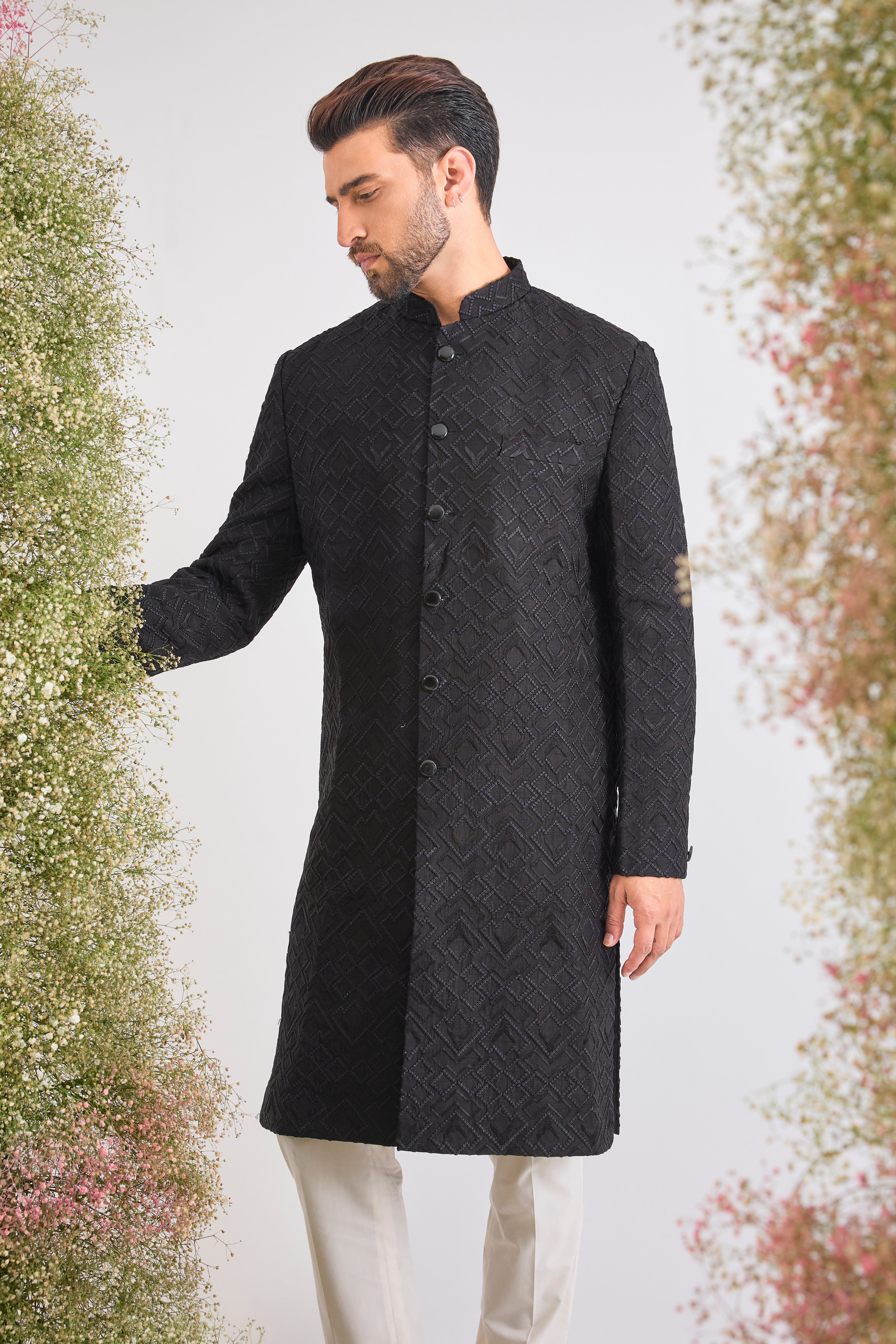 This Sherwani showcases a striking Geometrical Design through Tone-to-Tone Heavy Thread Work, offering unmatched richness and texture.