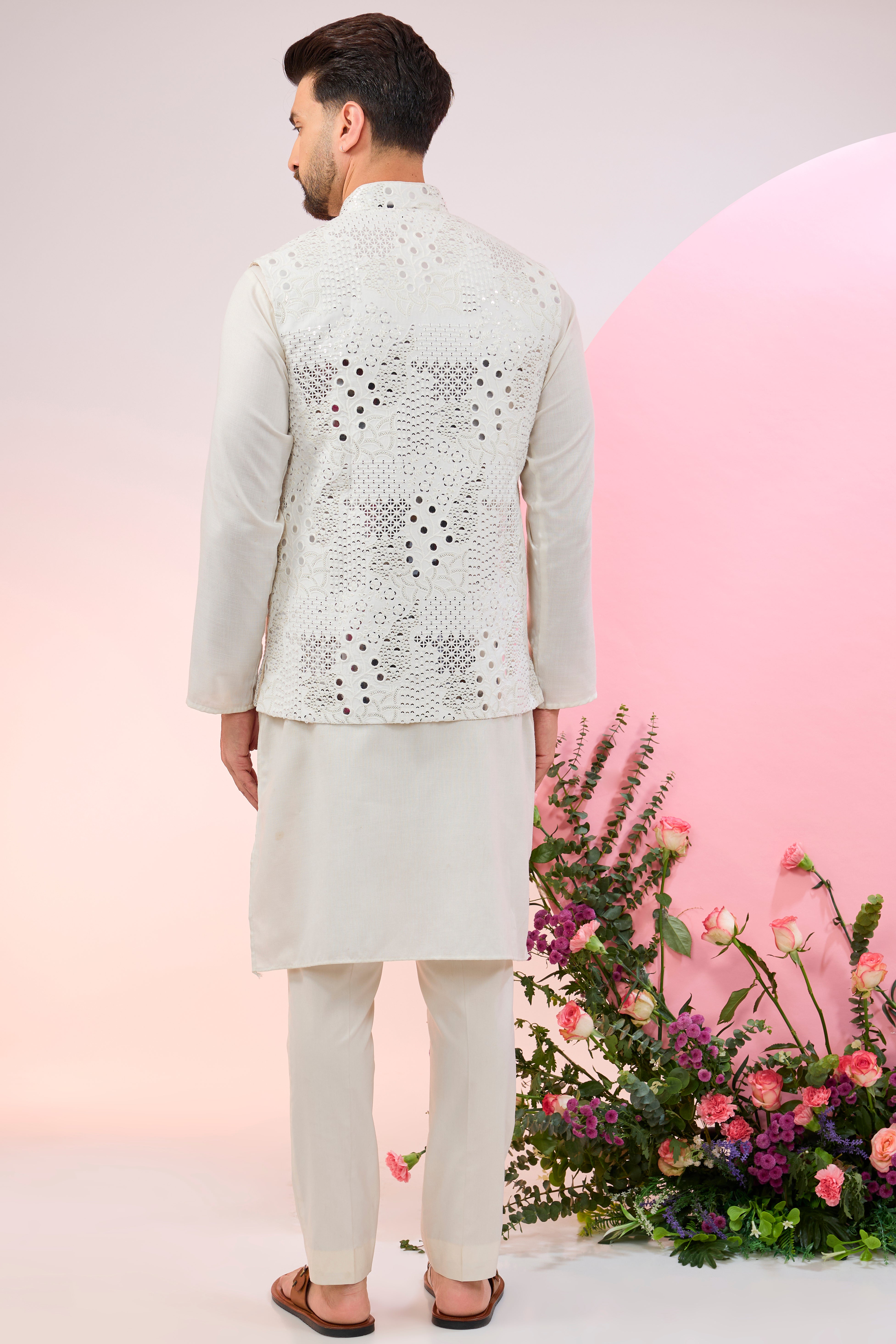 white short nehru jacket with detailed mirror work