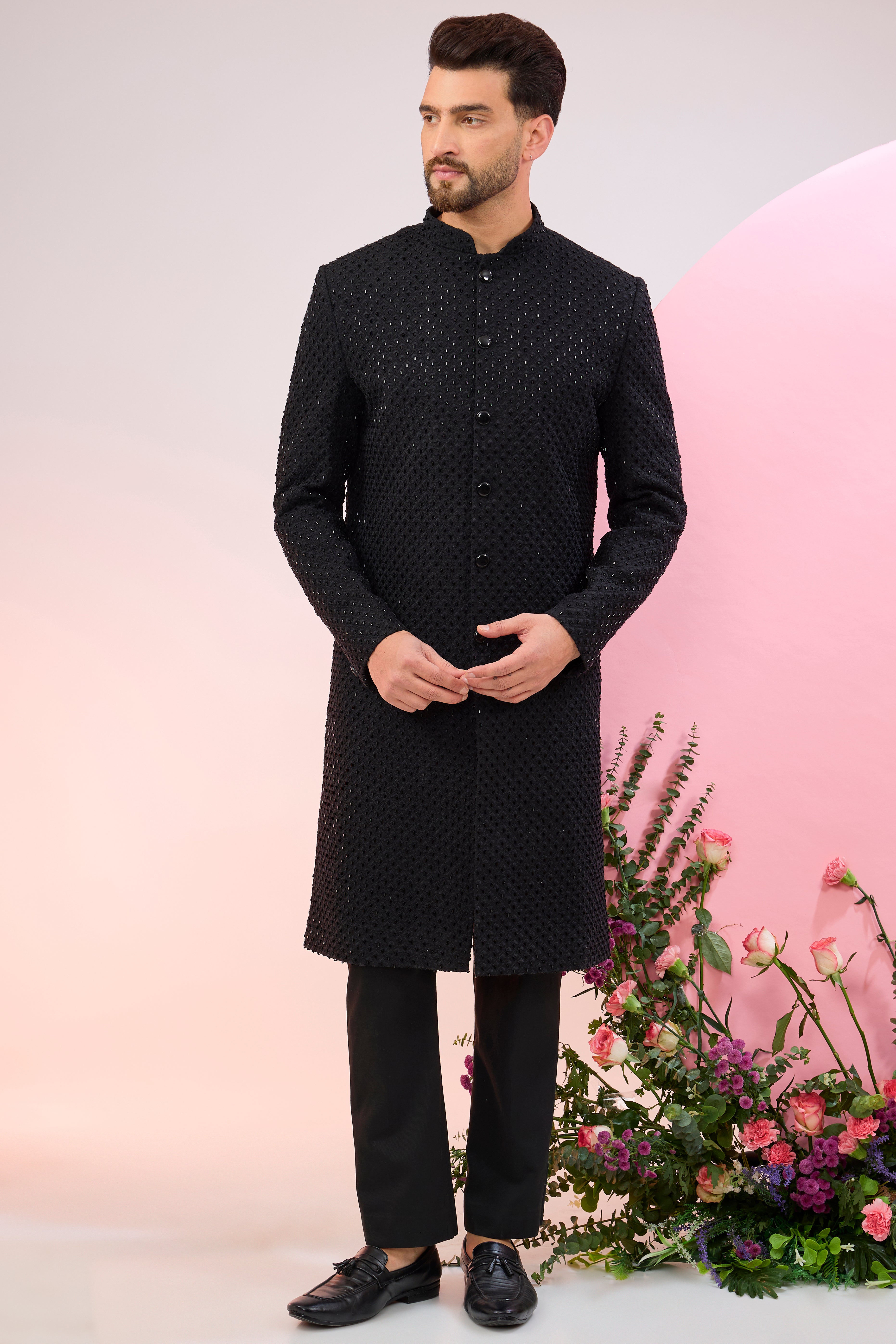 Classic black sherwani with deatiled cut dana