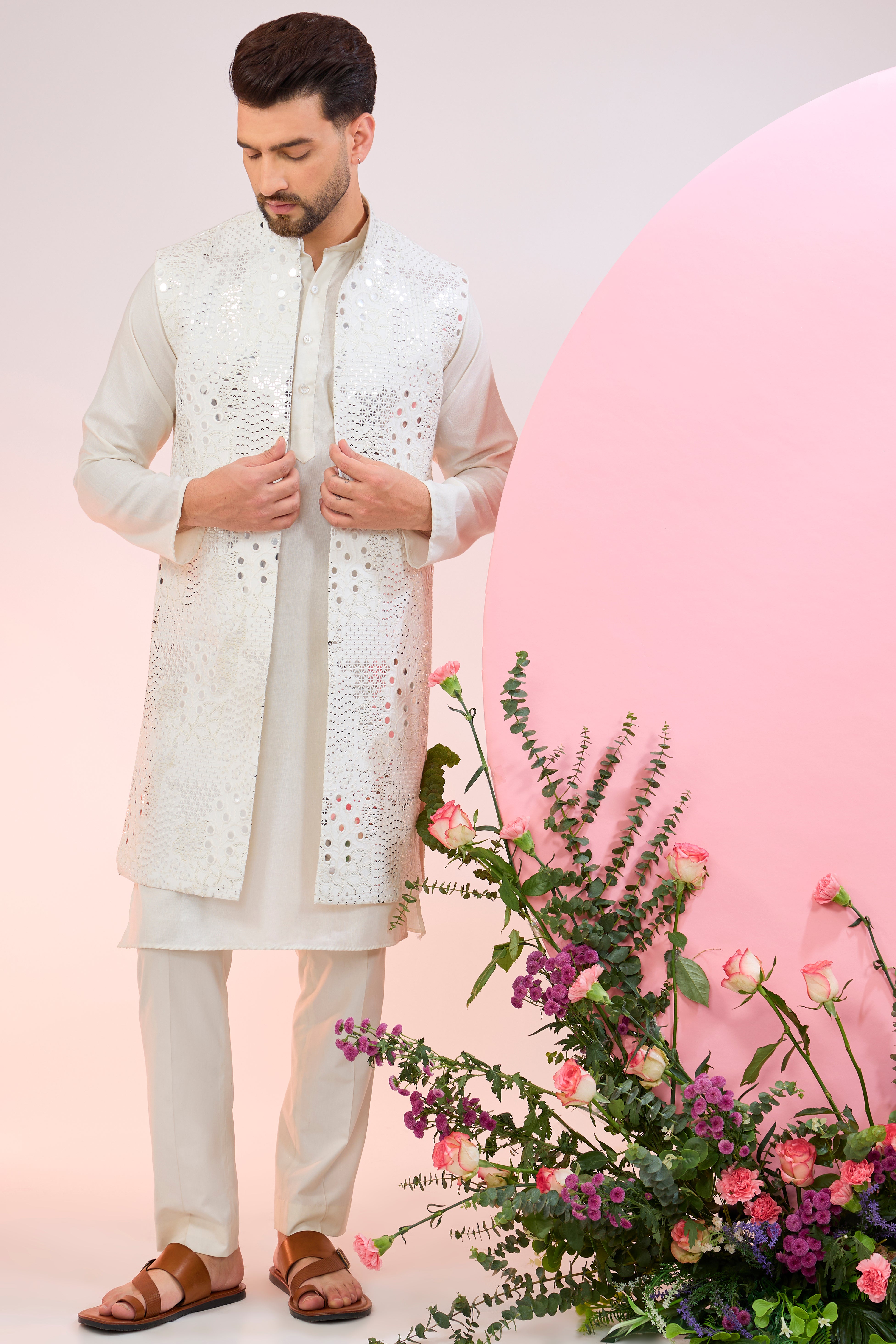 white long open jacket with detailed mirror work