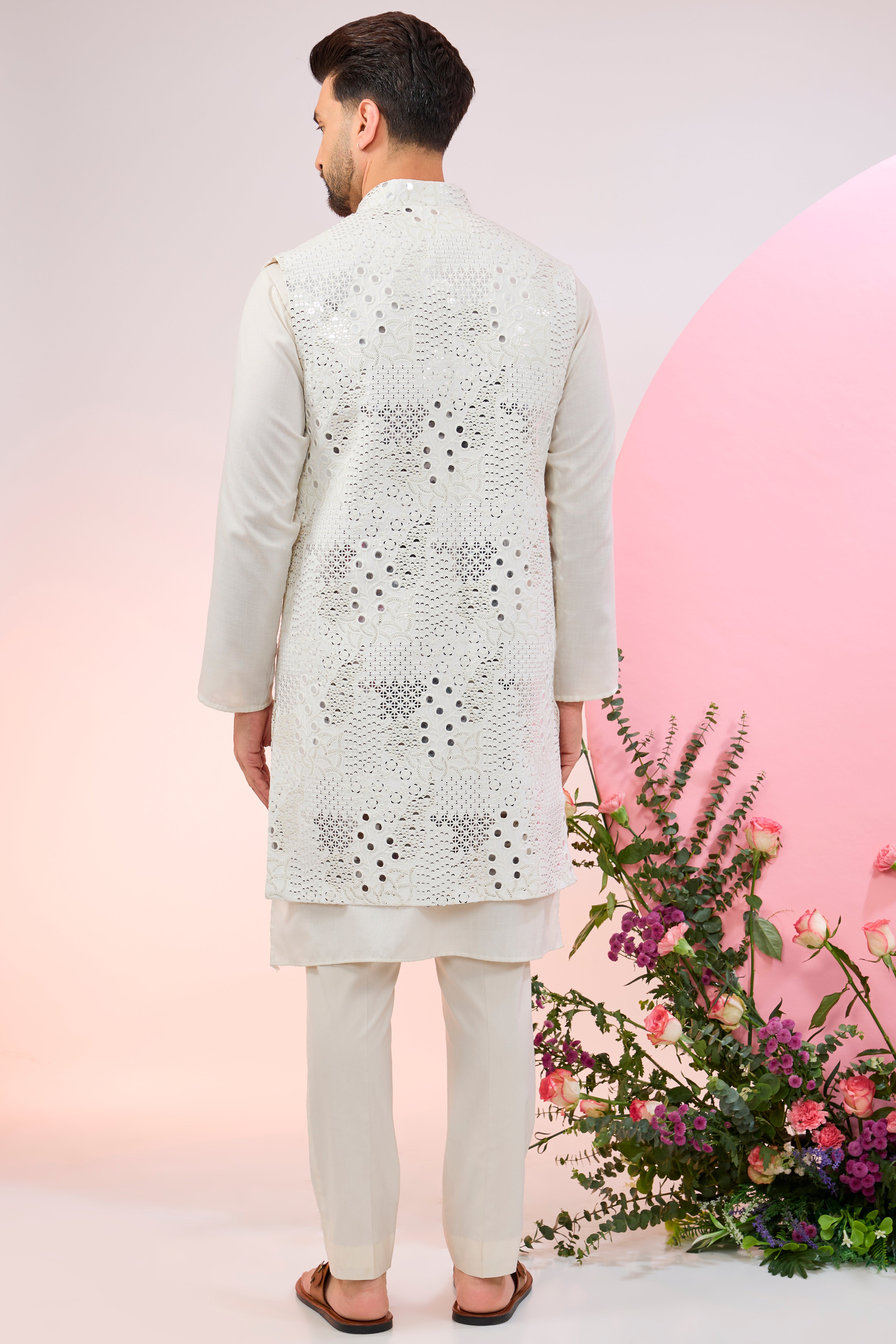white long open jacket with detailed mirror work
