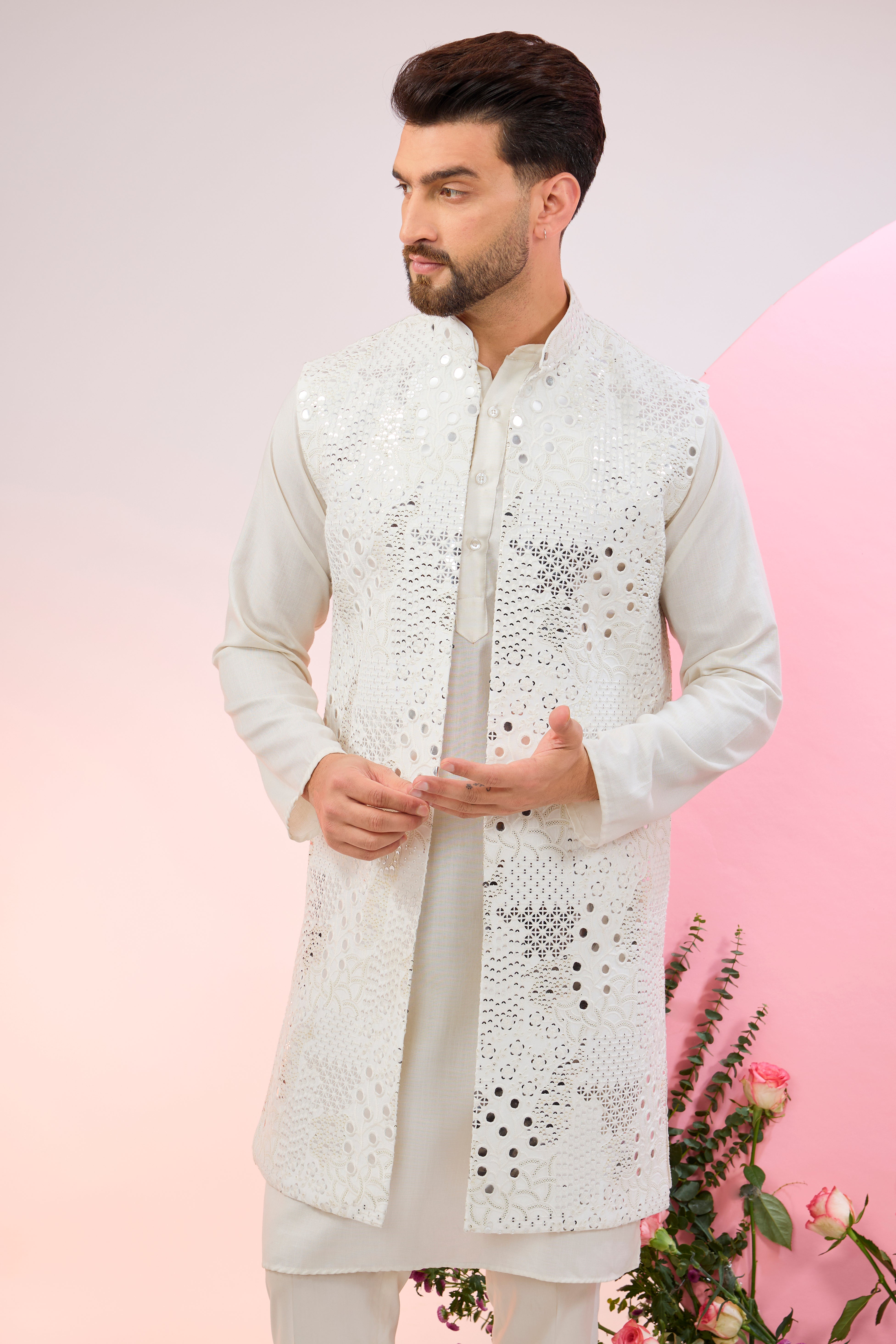 white long open jacket with detailed mirror work