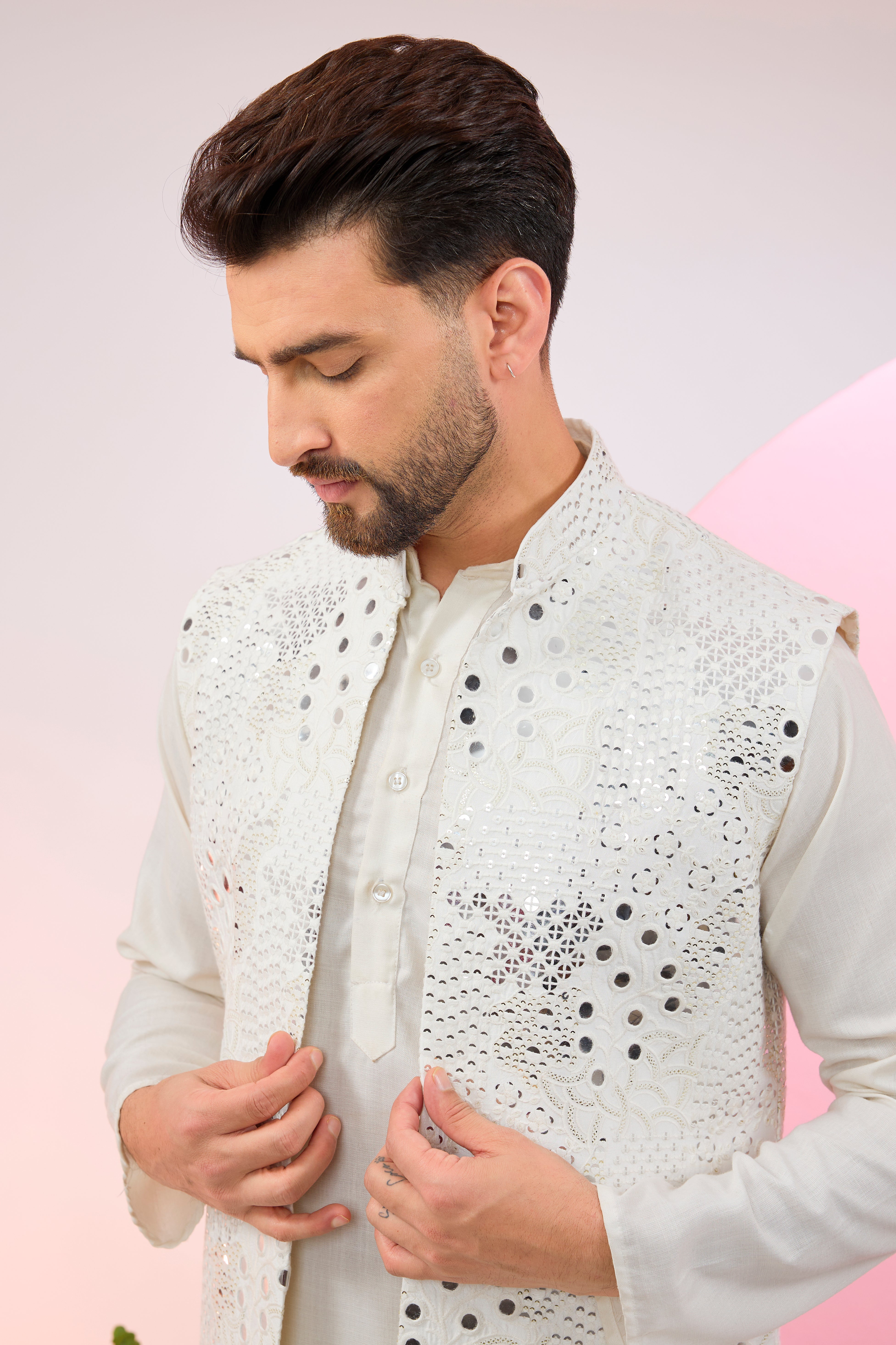white long open jacket with detailed mirror work