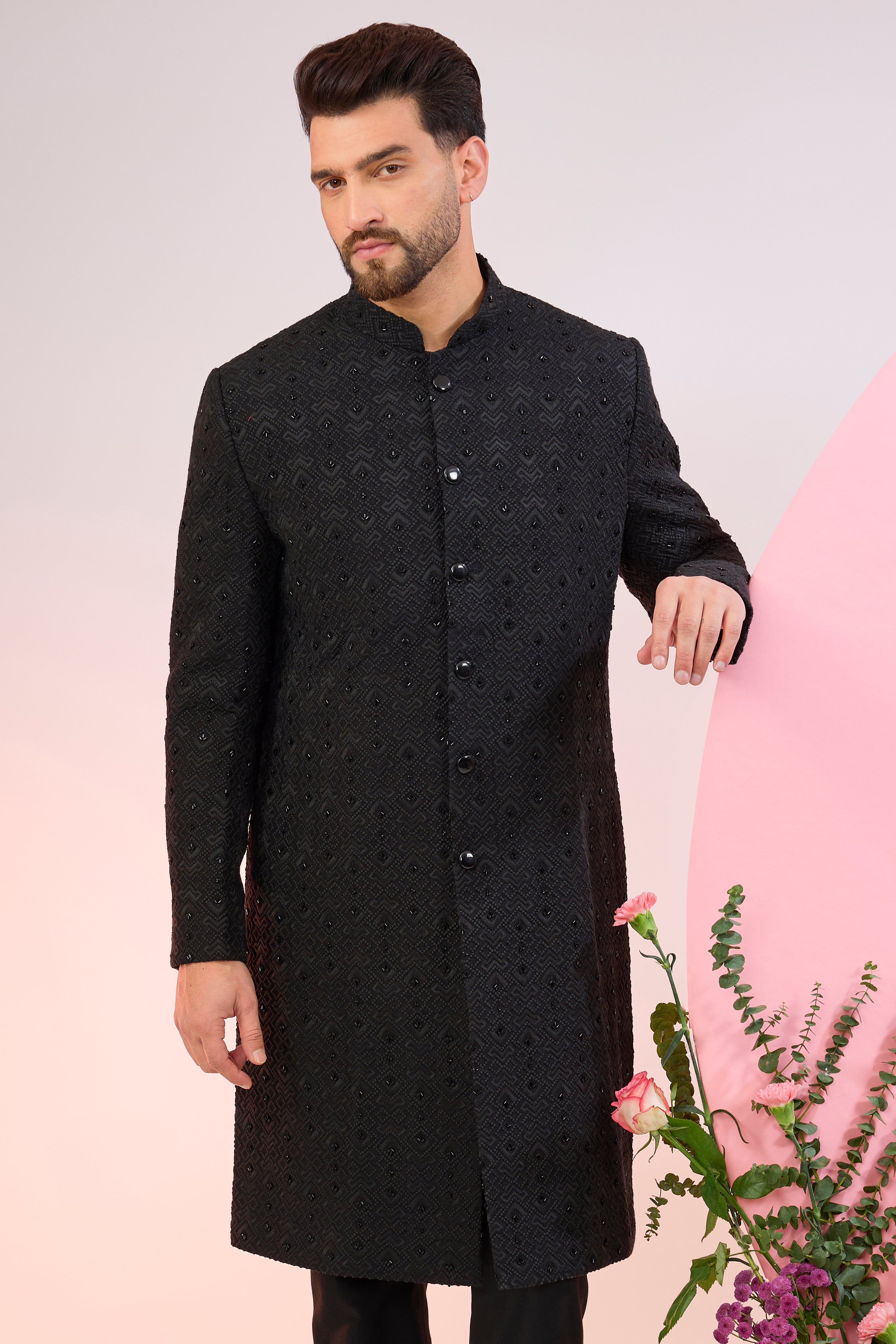 Black geometrically embroidered sherwani with delicate cut-dana work
