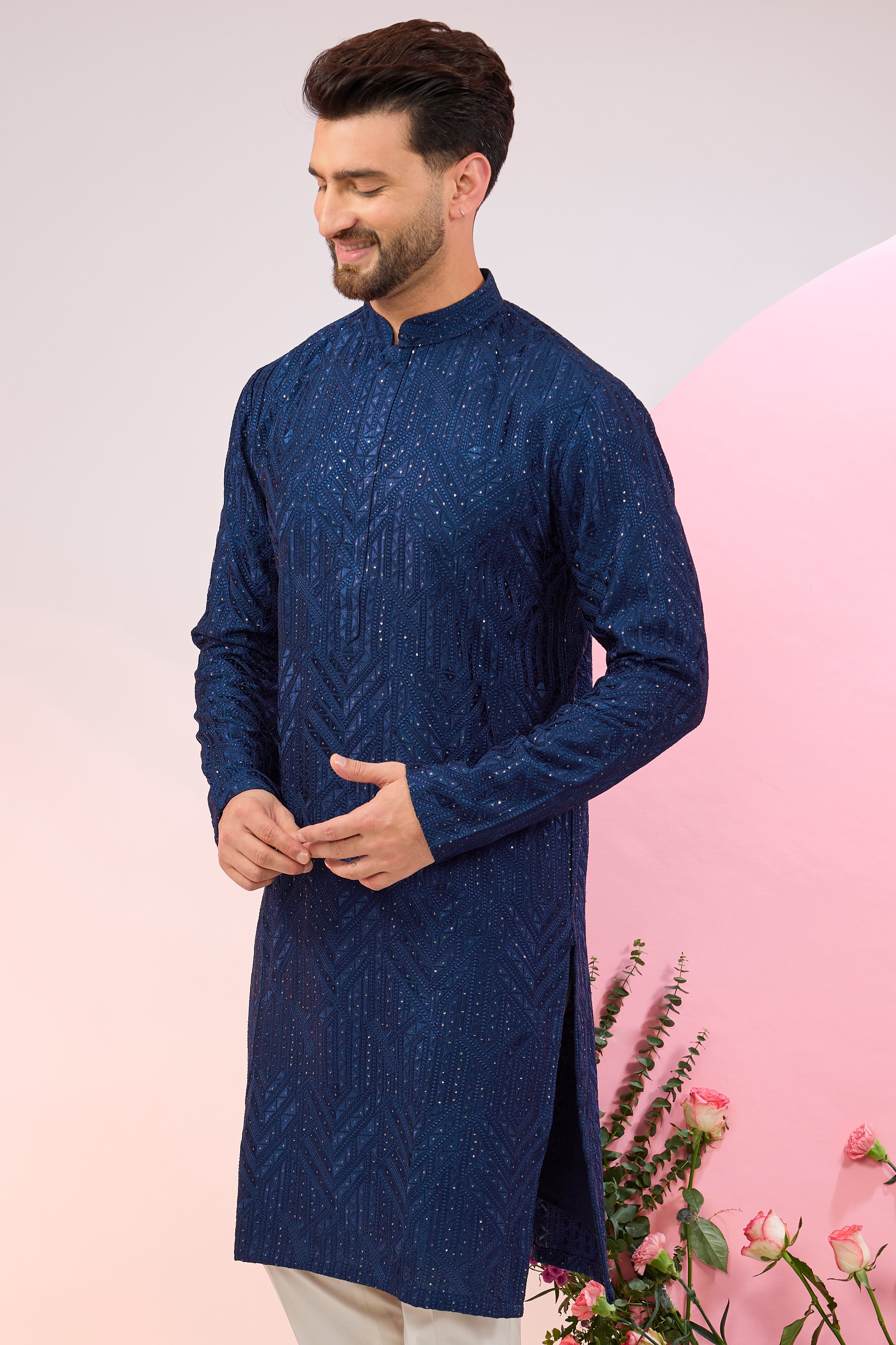 Bright navy blue geometrically embroidered kurta