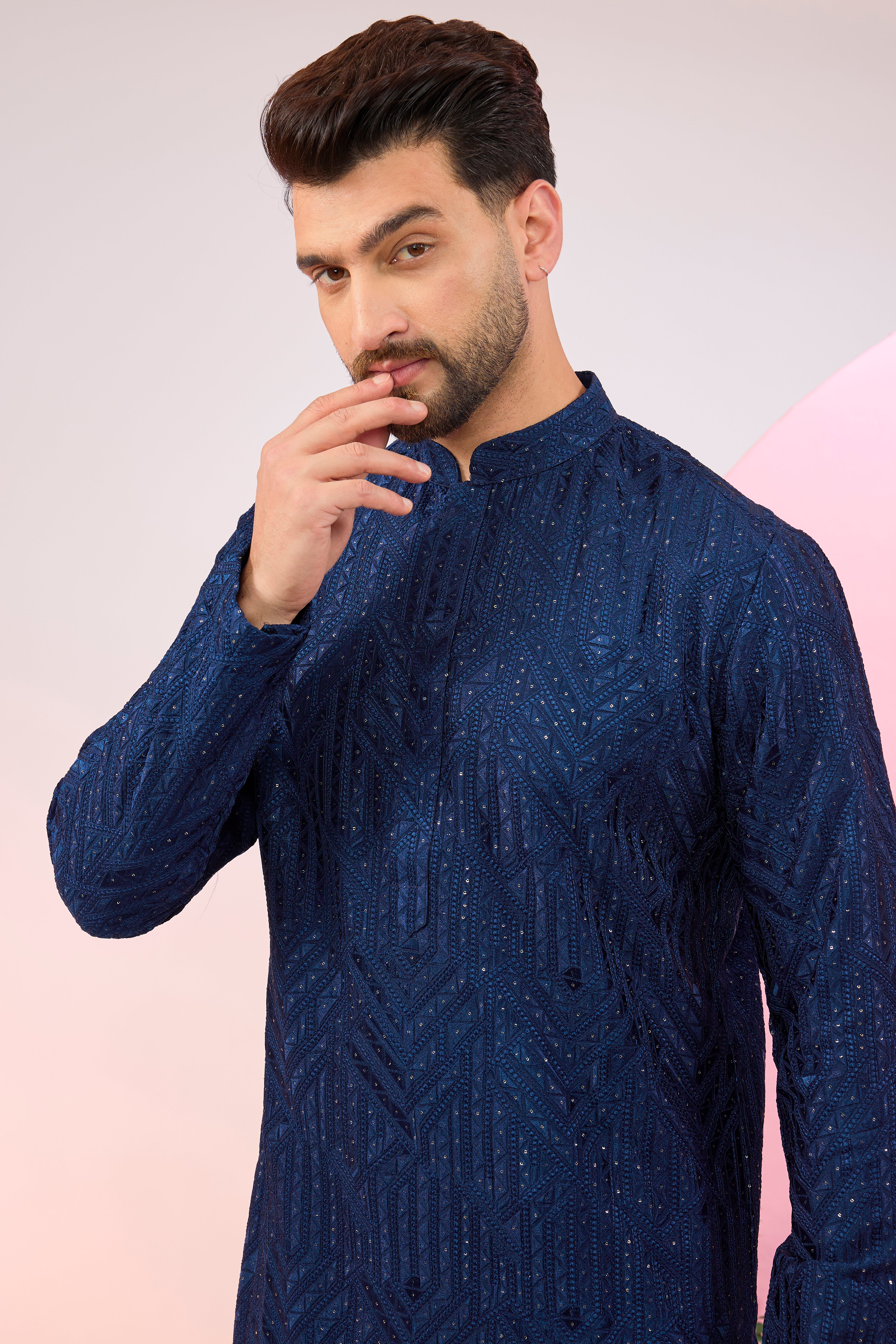 Bright navy blue geometrically embroidered kurta