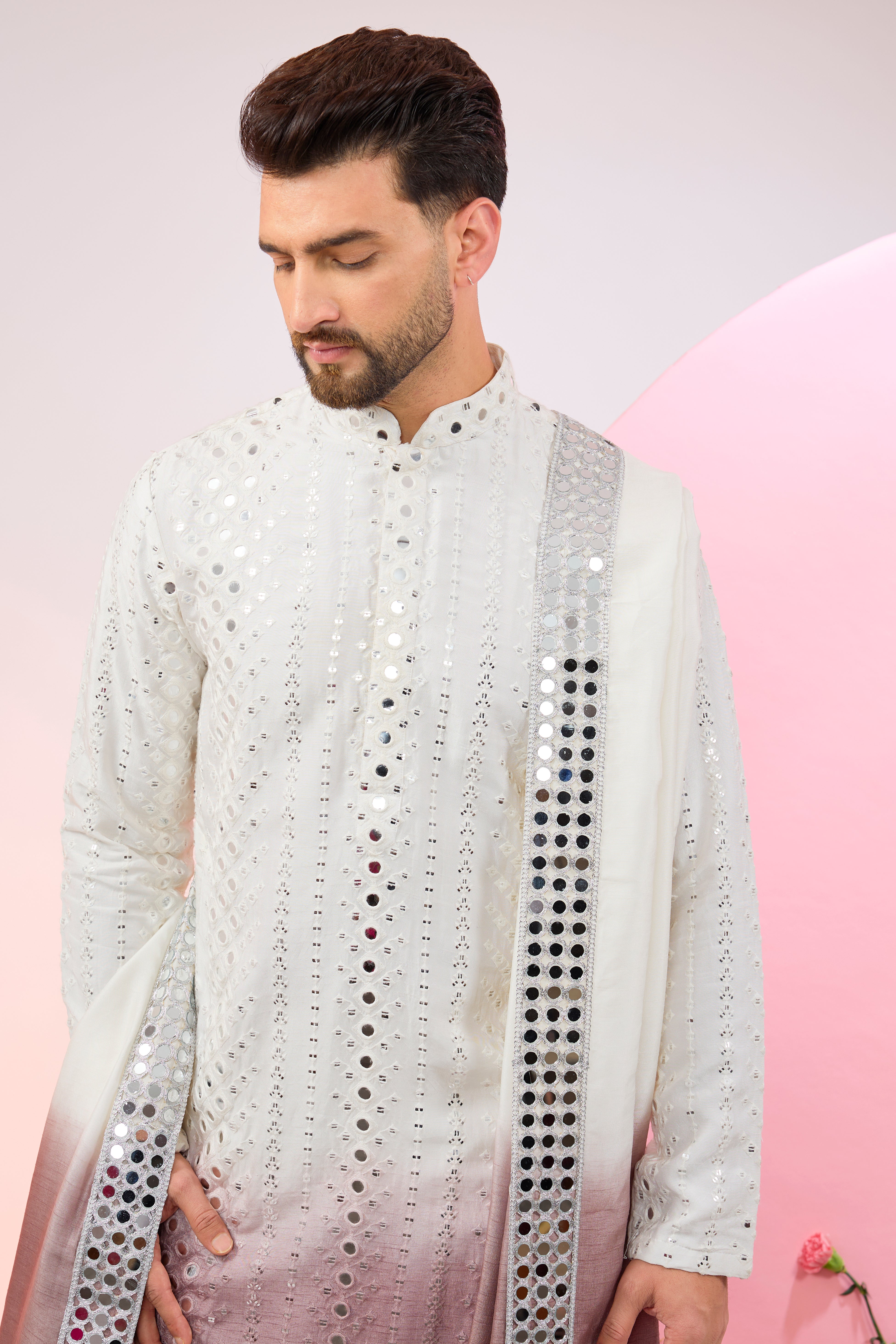 Signature ombre shaded mirror-work kurta paired with mirror-work stole.
