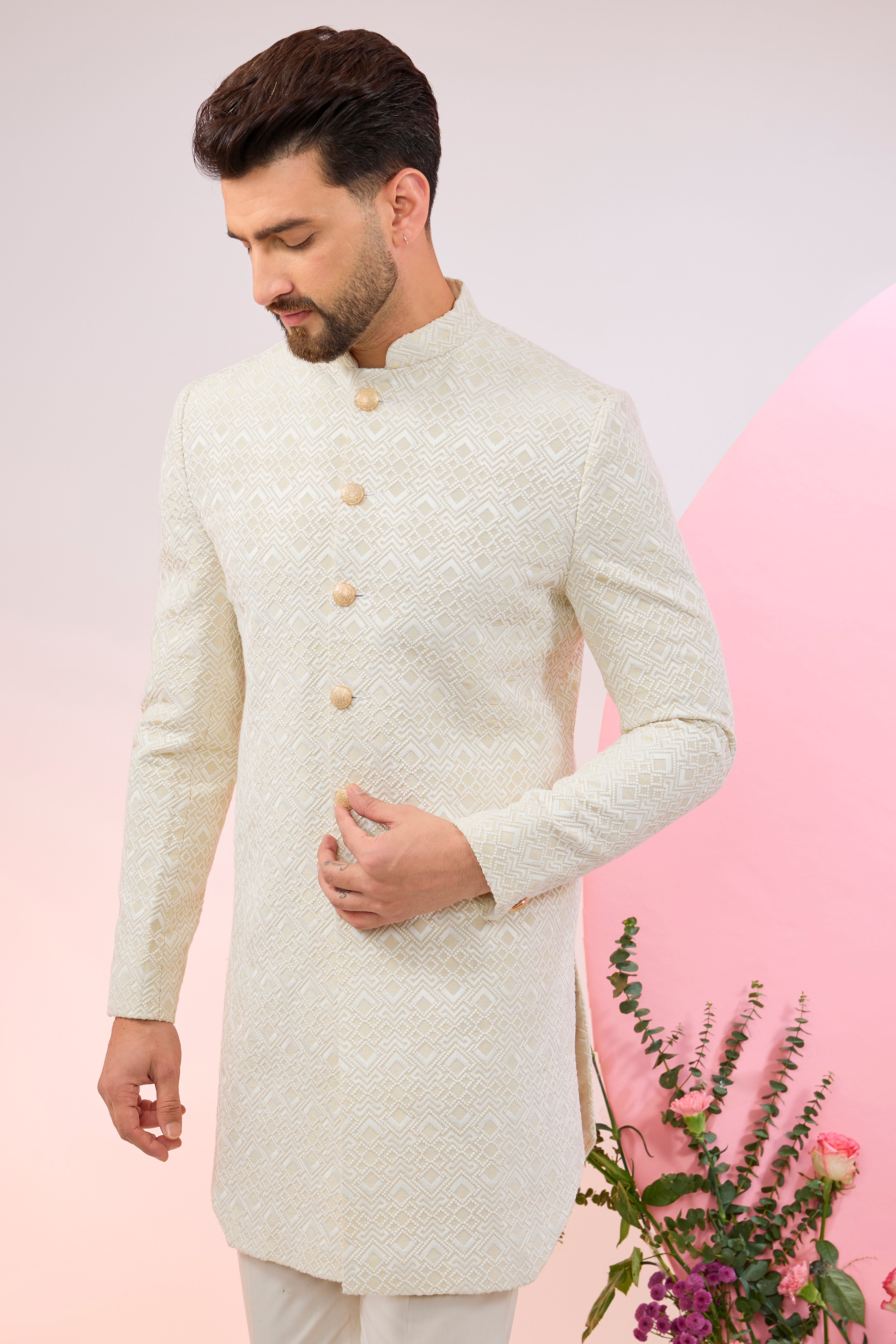 Cream-beige geometrically embroidered royal cut indowestern