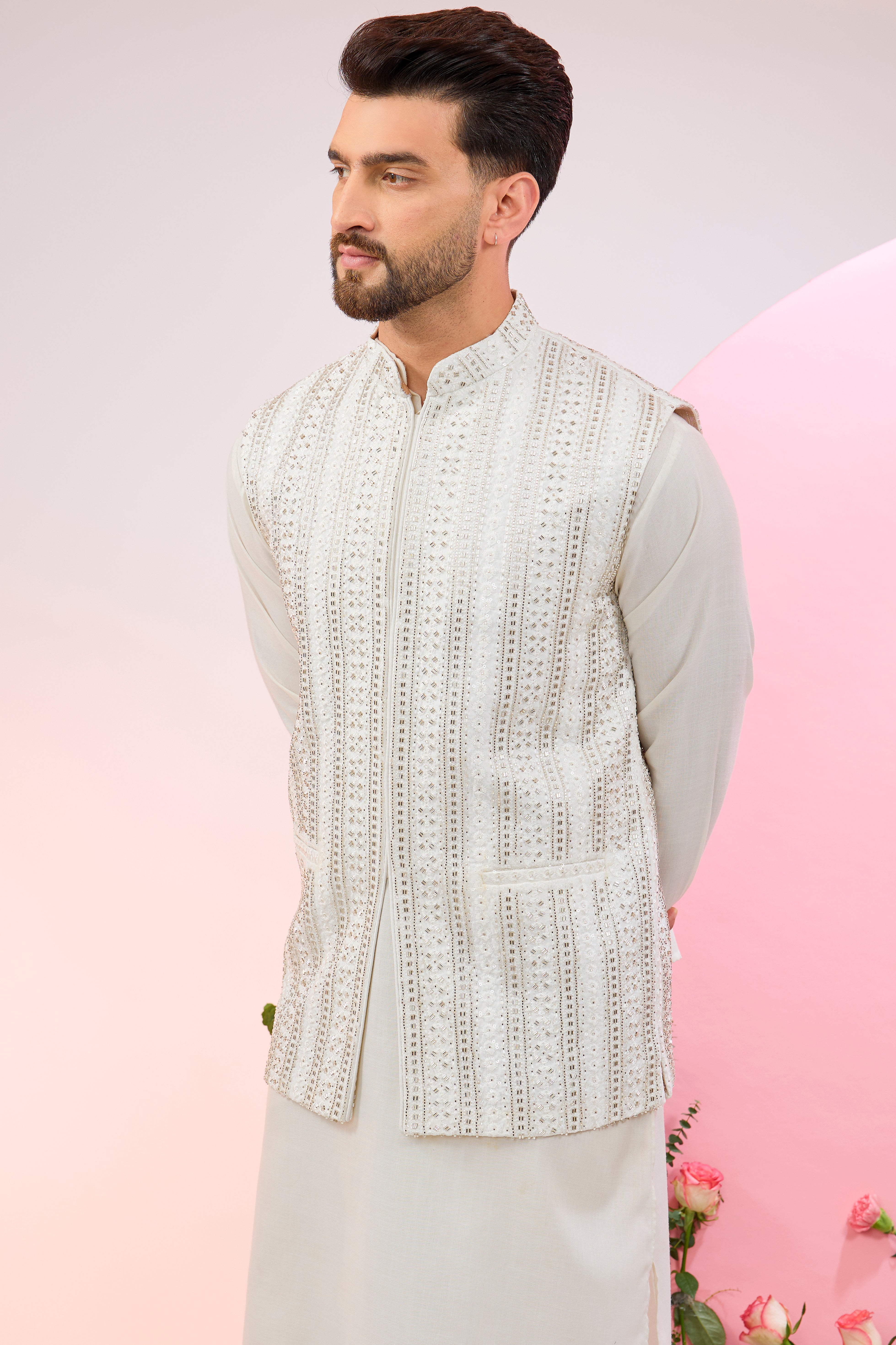 white nehru jacket with intricate cut dana embroidery