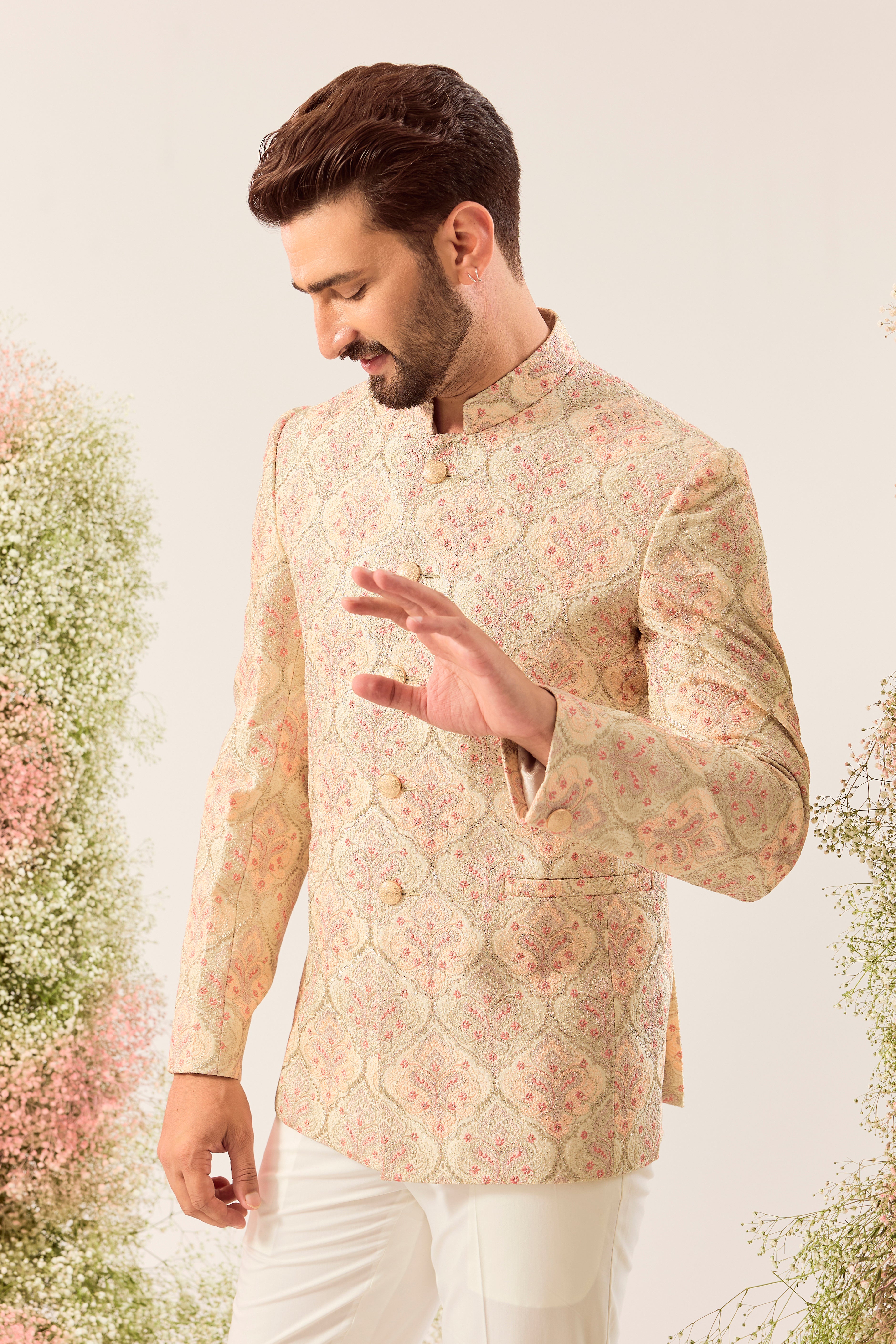 beige chikankari bandgala with intricate multi thread & zari work