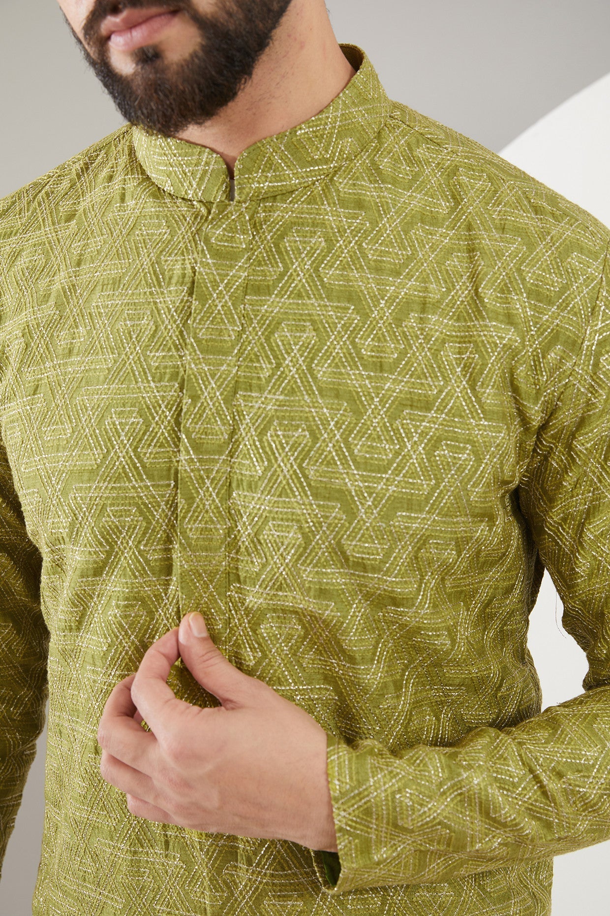 Mehndi Green geometrically embroiered kurta - kasbahmen
