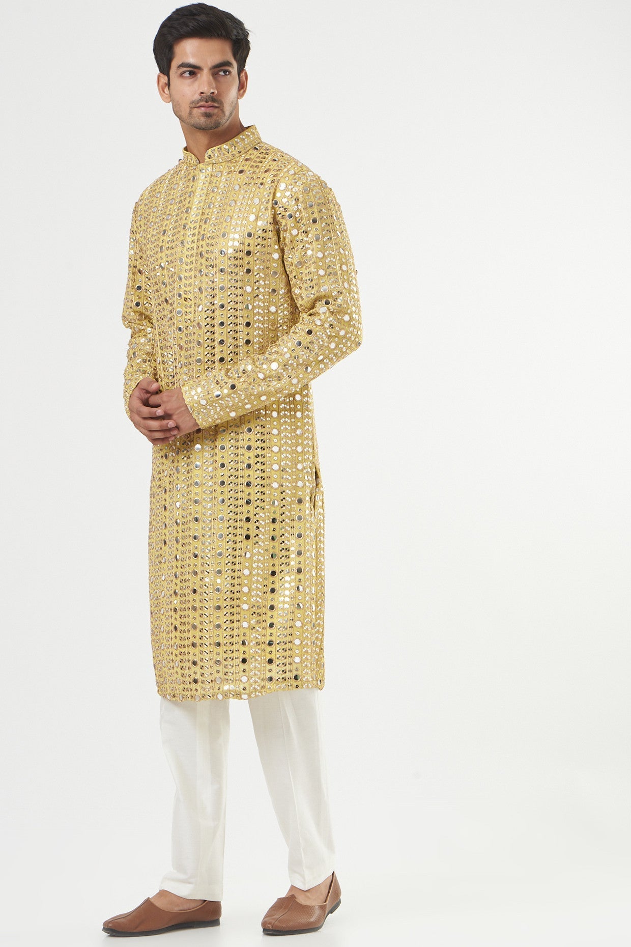 Lime Yellow Mirror Embroidered Kurta - kasbahmen