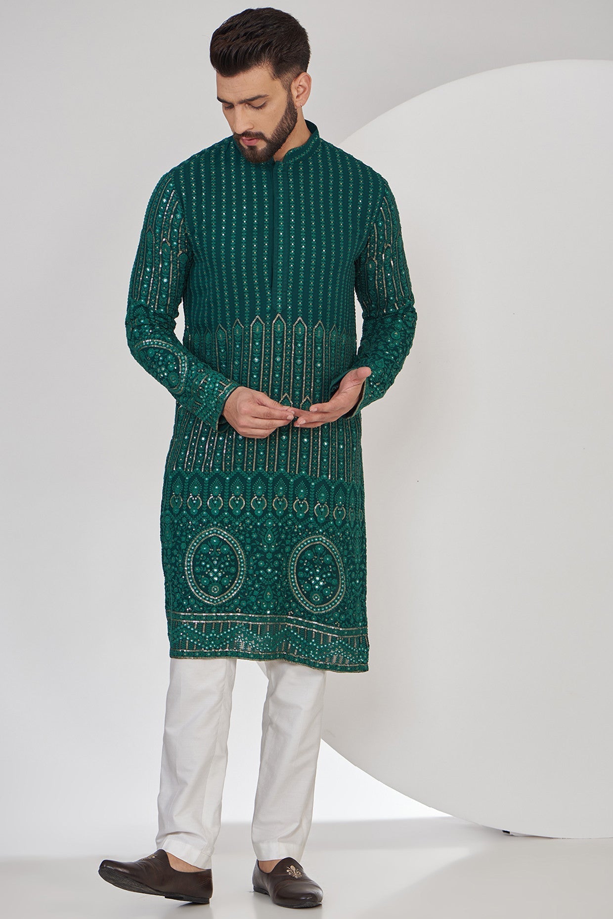 Bottle Green Chikankari Kurta with intricate border embroidery - kasbahmen