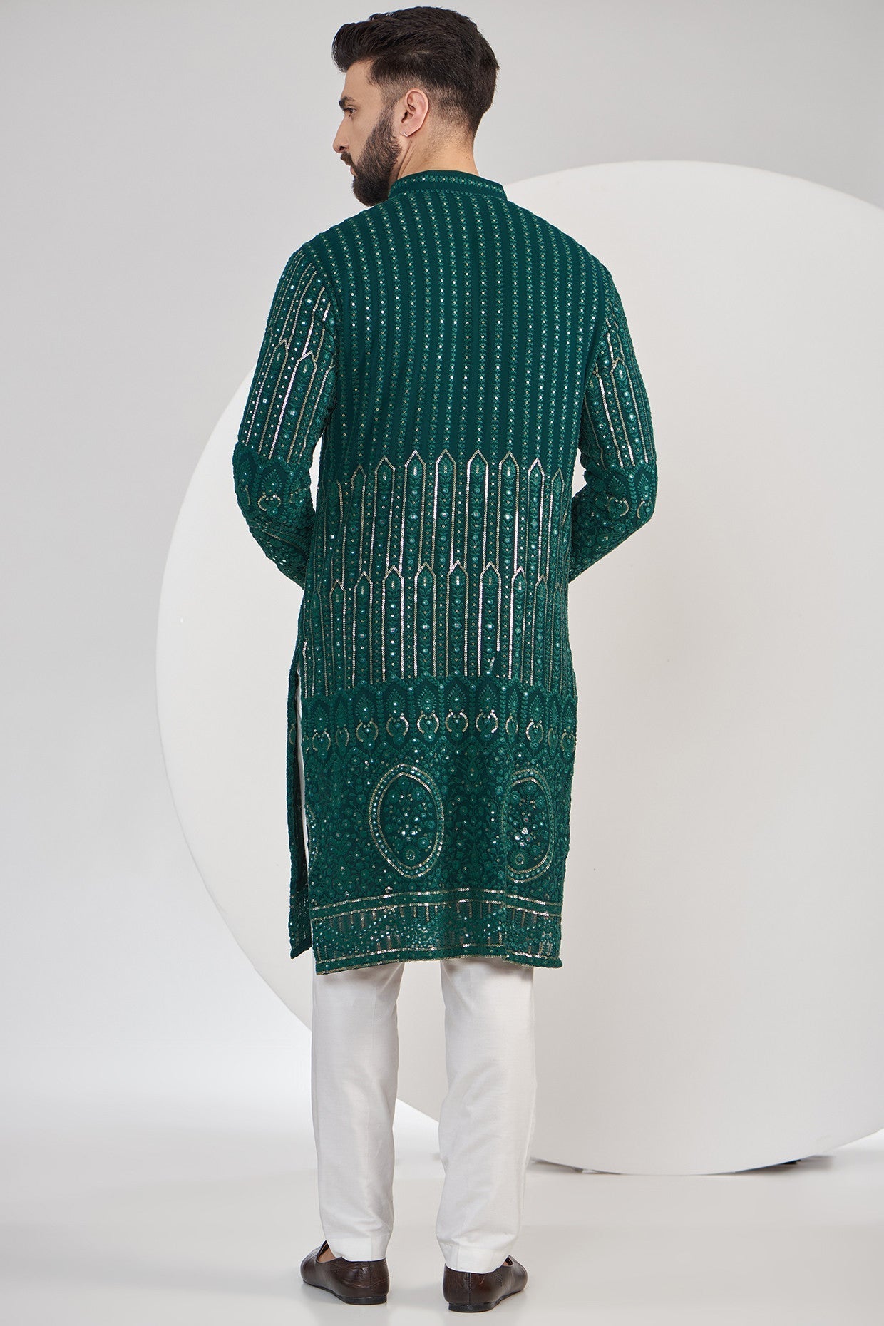 Bottle Green Chikankari Kurta with intricate border embroidery - kasbahmen