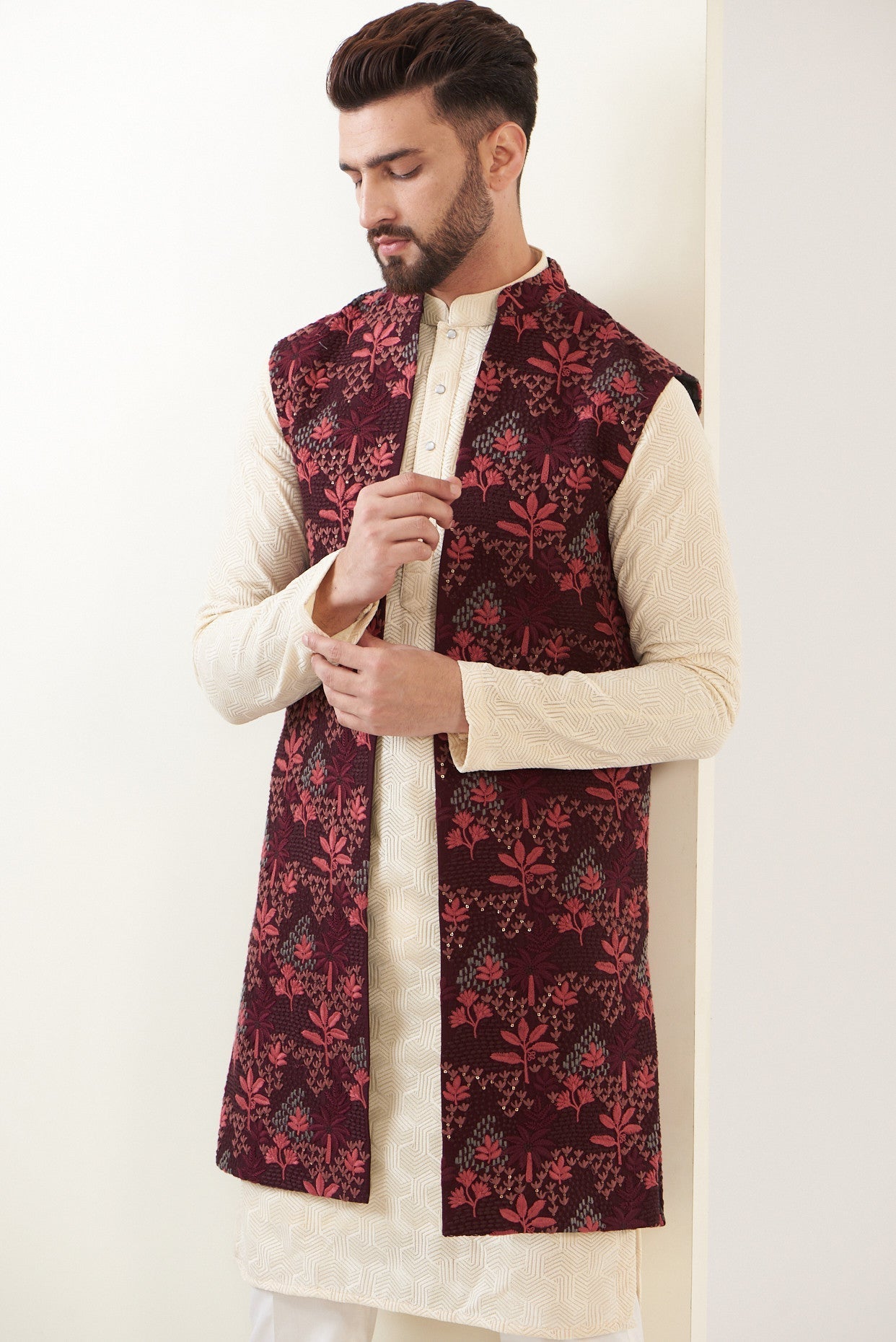 Maroon Embroidred Long Jacket - kasbahmen