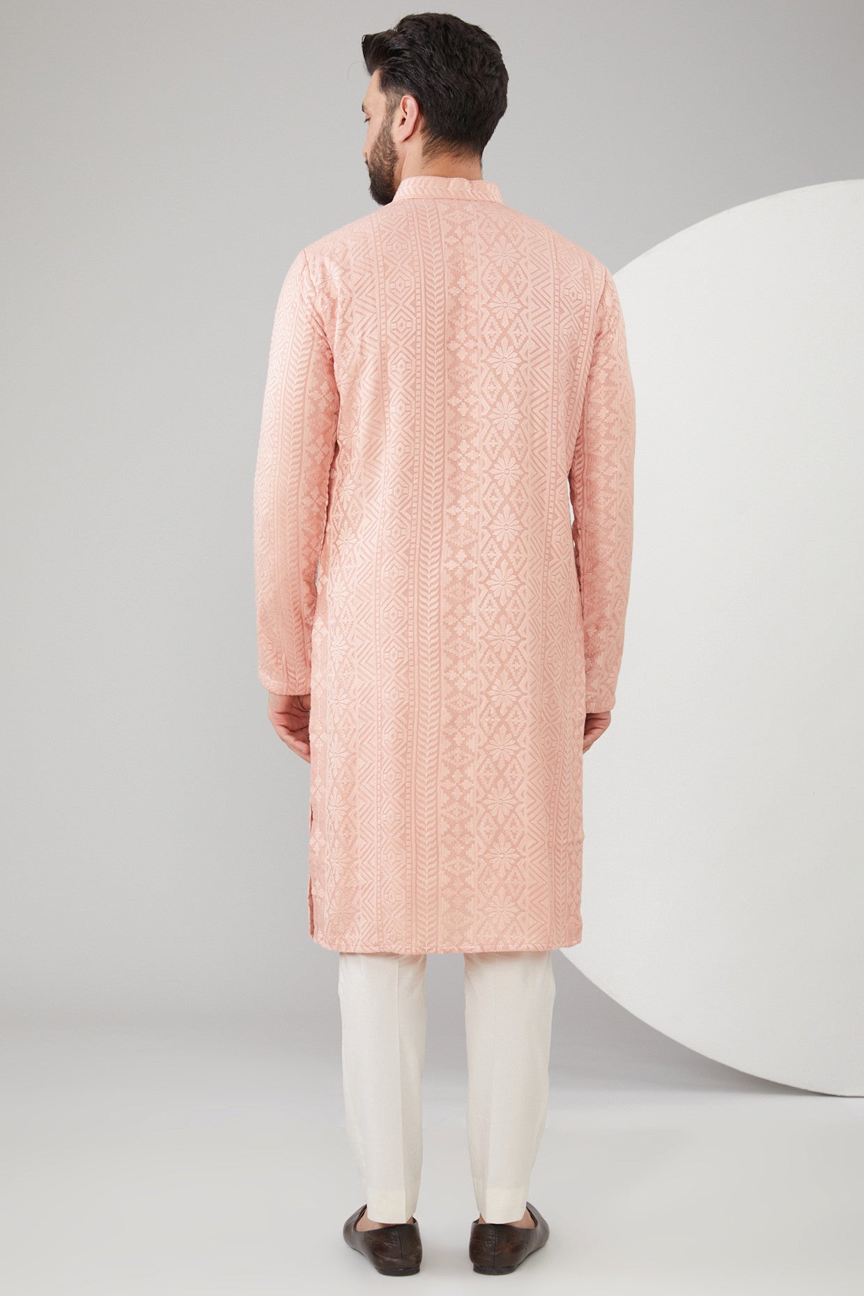 Peach Silk Thread Work Chikankari Kurta - kasbahmen