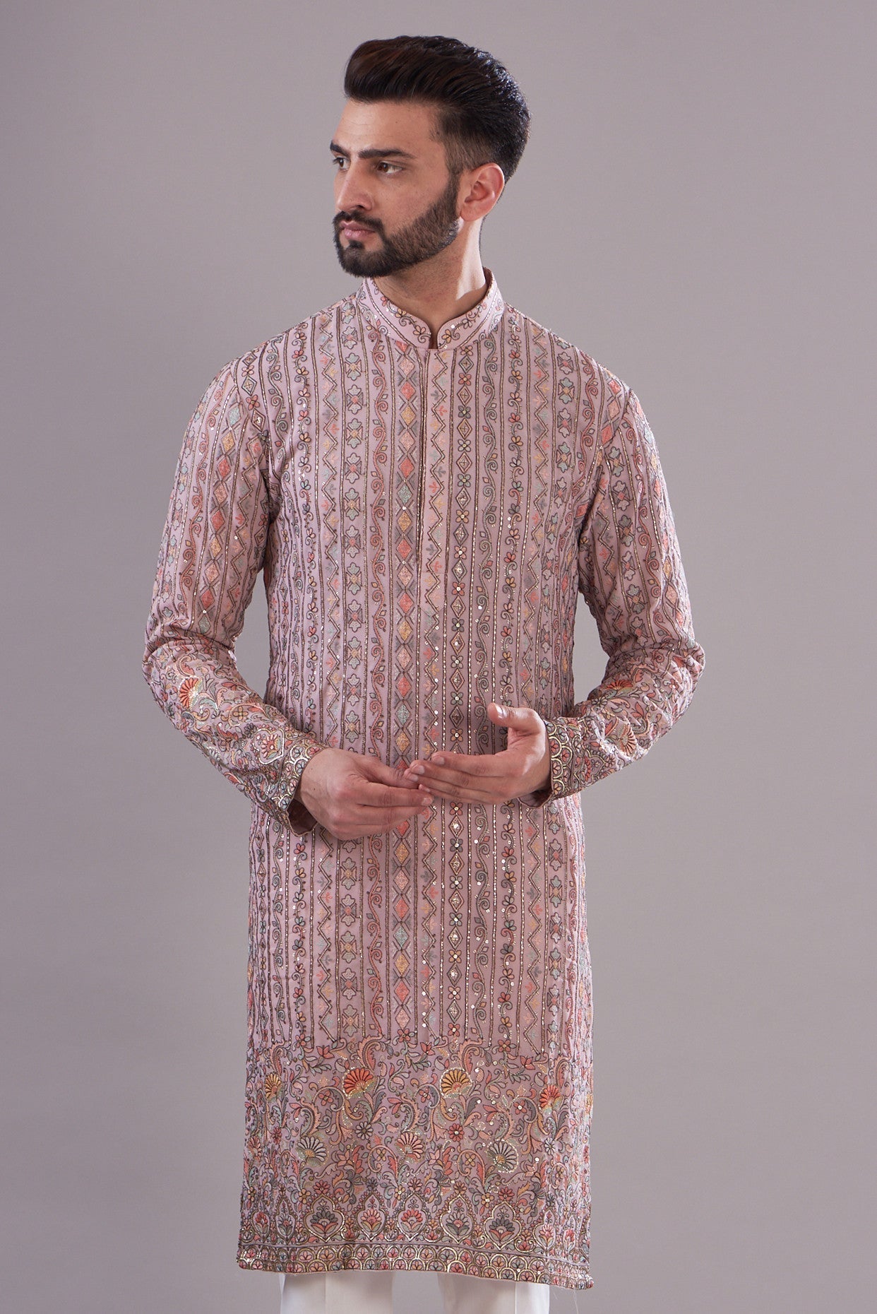 Mud pink multi thread work kurta - kasbahmen