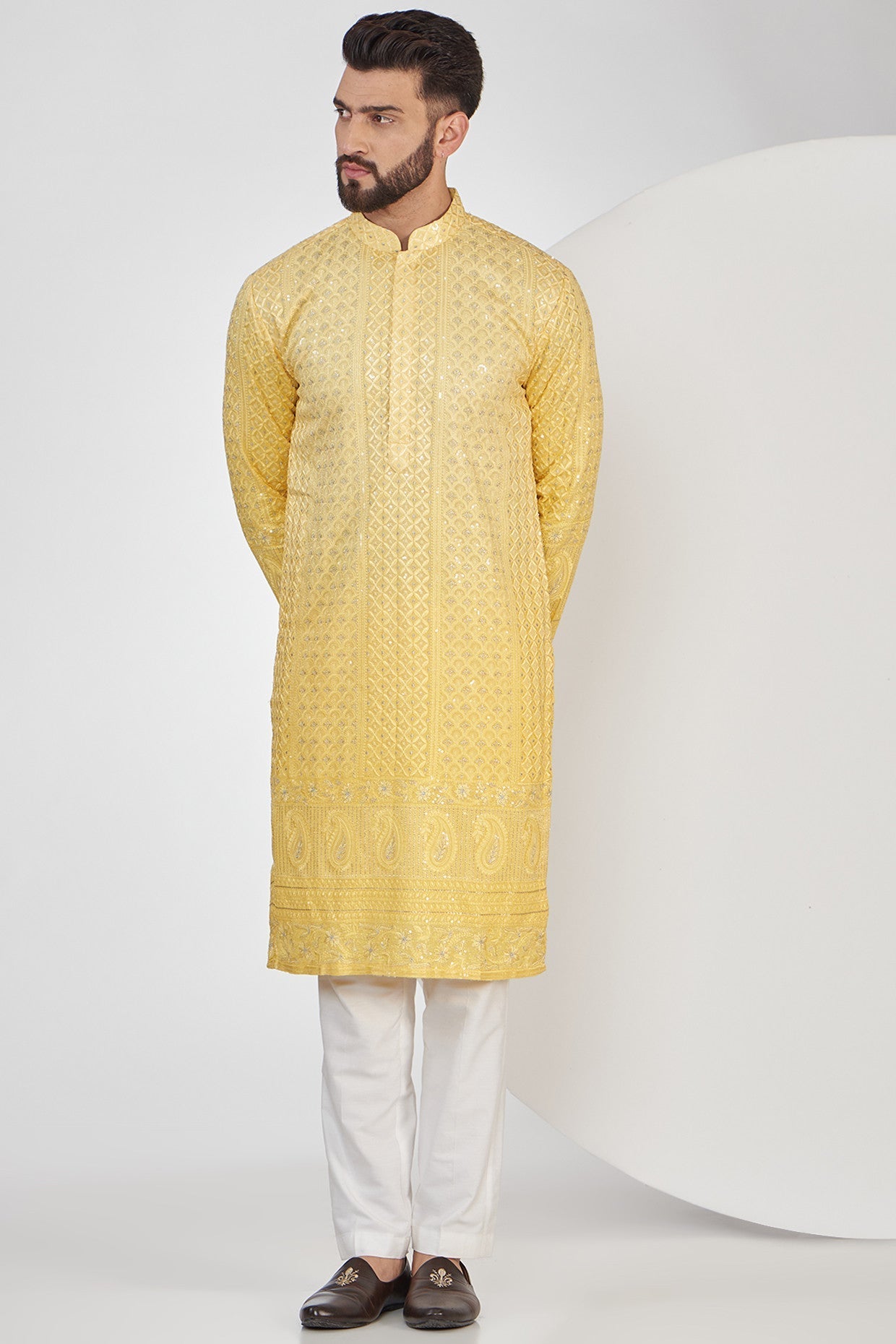 Light Yellow Ombre Shaded Chikankari Kurta - kasbahmen