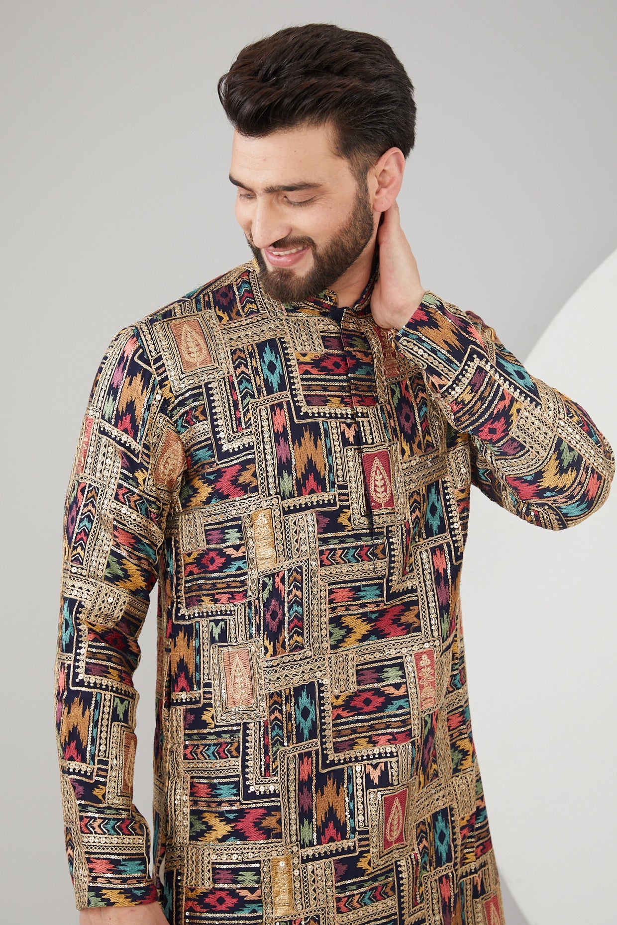 Navy Blue Georgette Sequins Embroidered Kurta - kasbahmen
