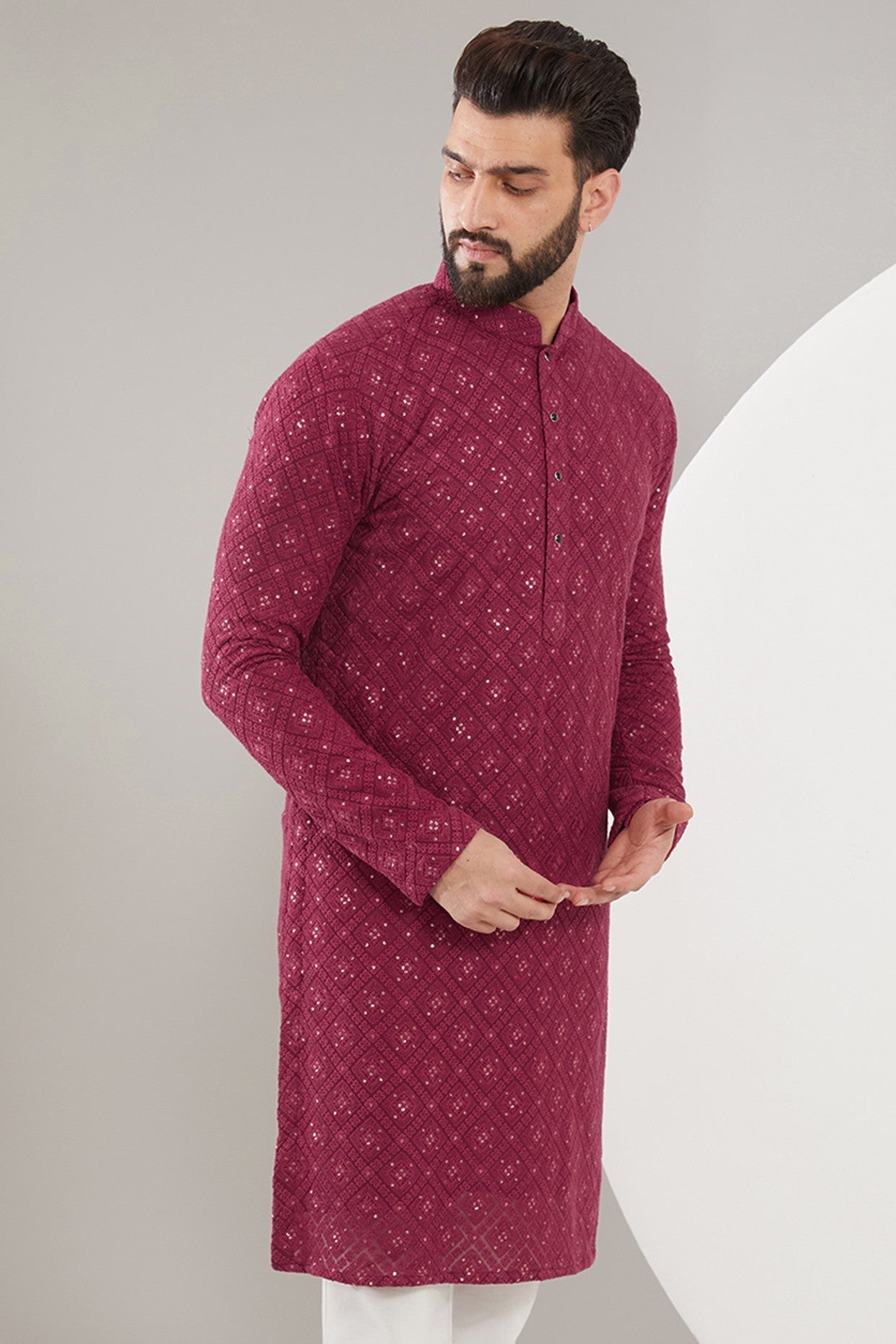 Maroon Chikankari Kurta with heavy thread and sequined embroidery - kasbahmen