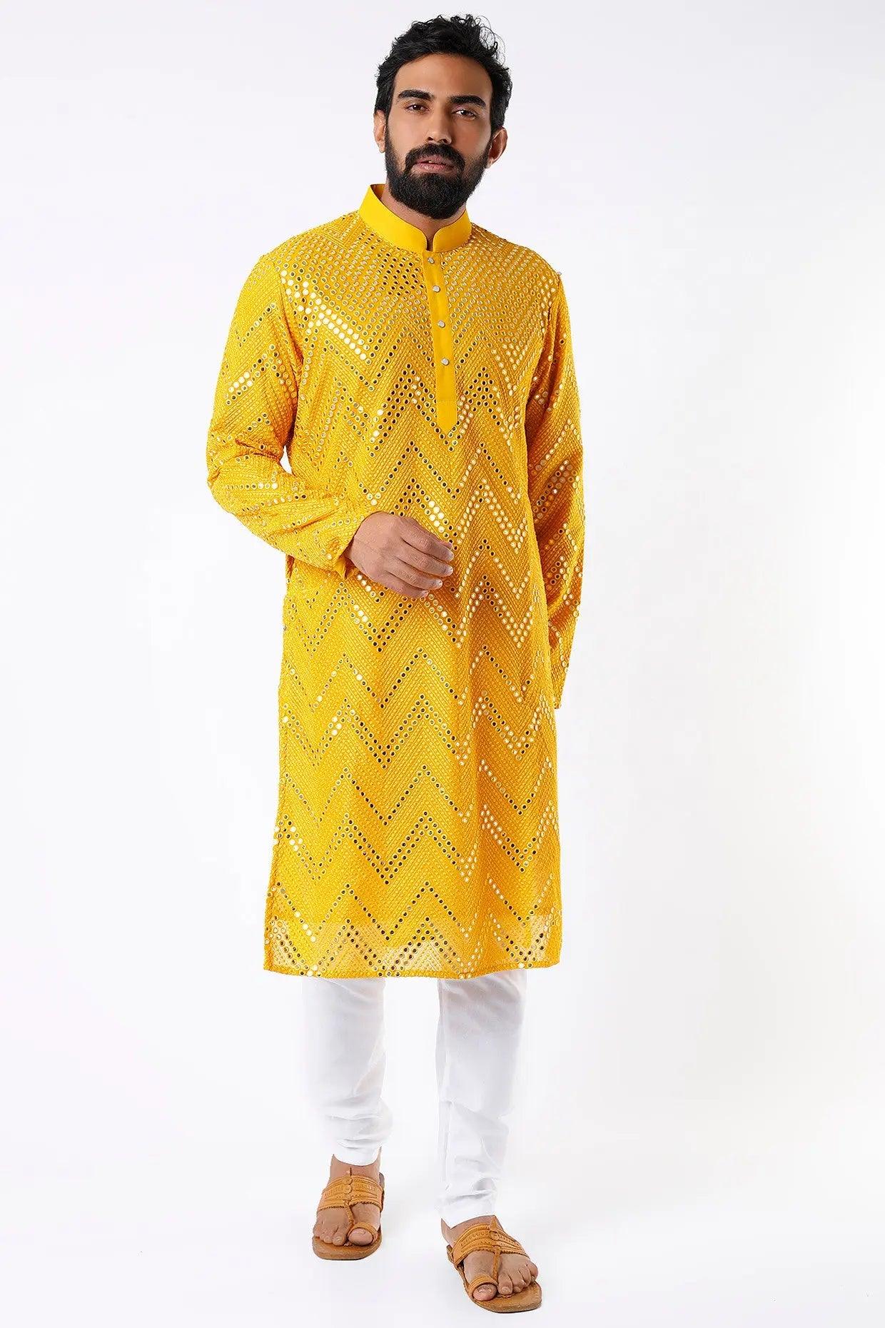 Women’s Embellished Yellow Mirror Work Kaftan Kurta Set with Tapered Trousers