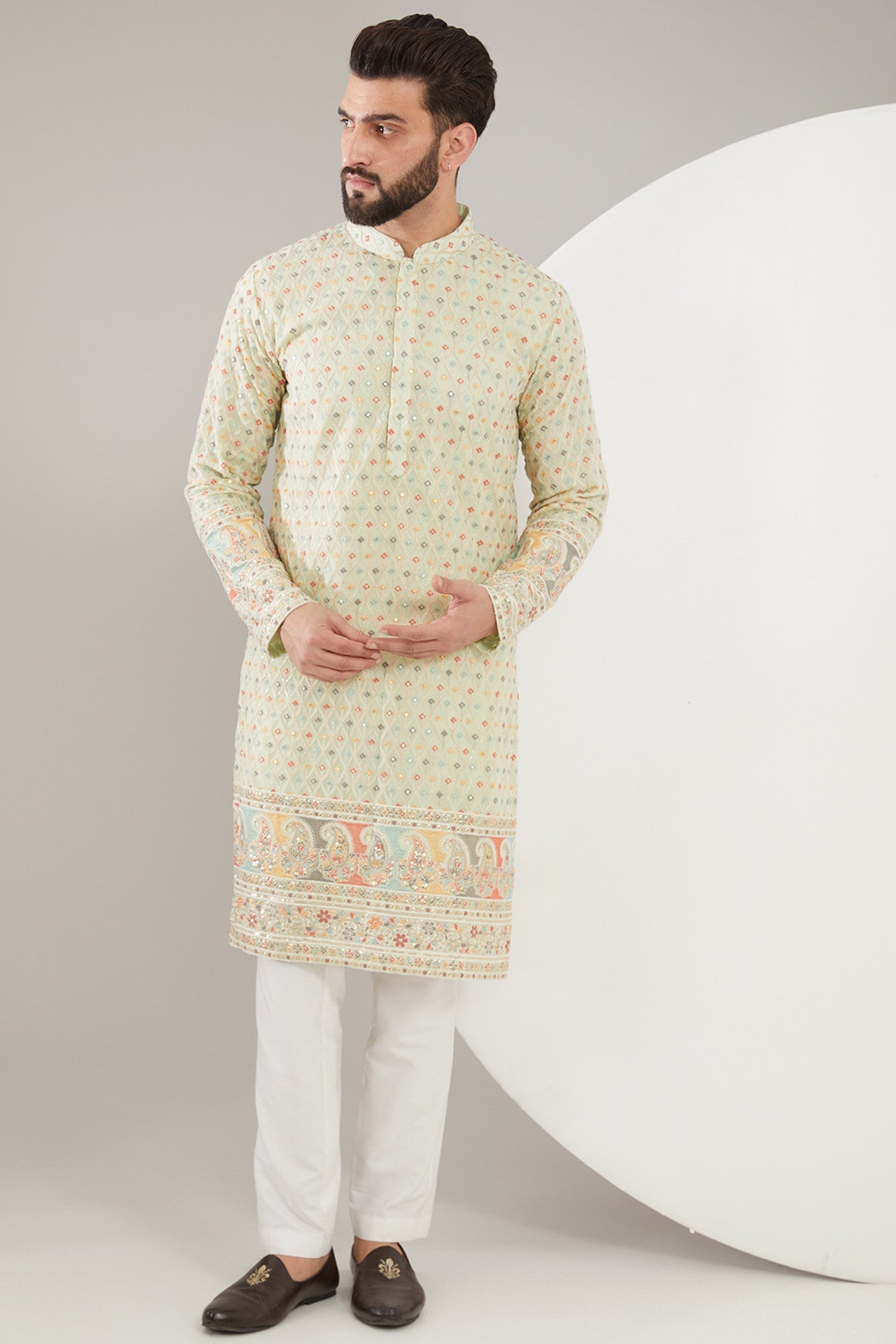 Sea-green Embroidered Kurta with Intricate Ghera - kasbahmen