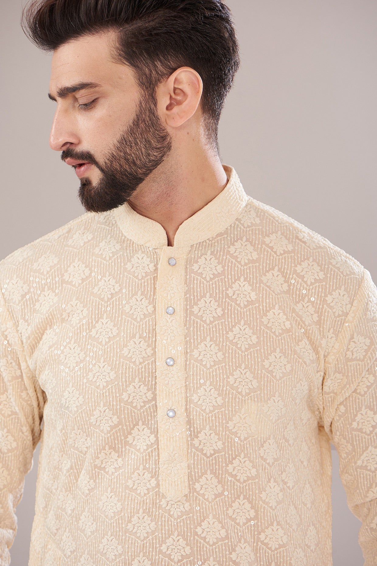 Light Beige Georgette Embroidered Kurta - kasbahmen