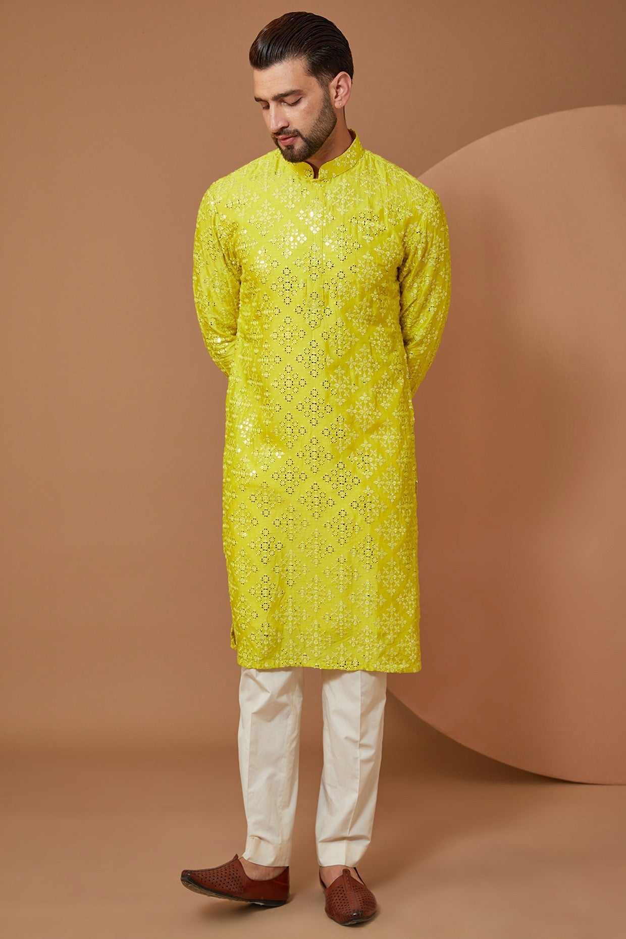 Bright Yellow Signature Mirrorwork Kurta - kasbahmen