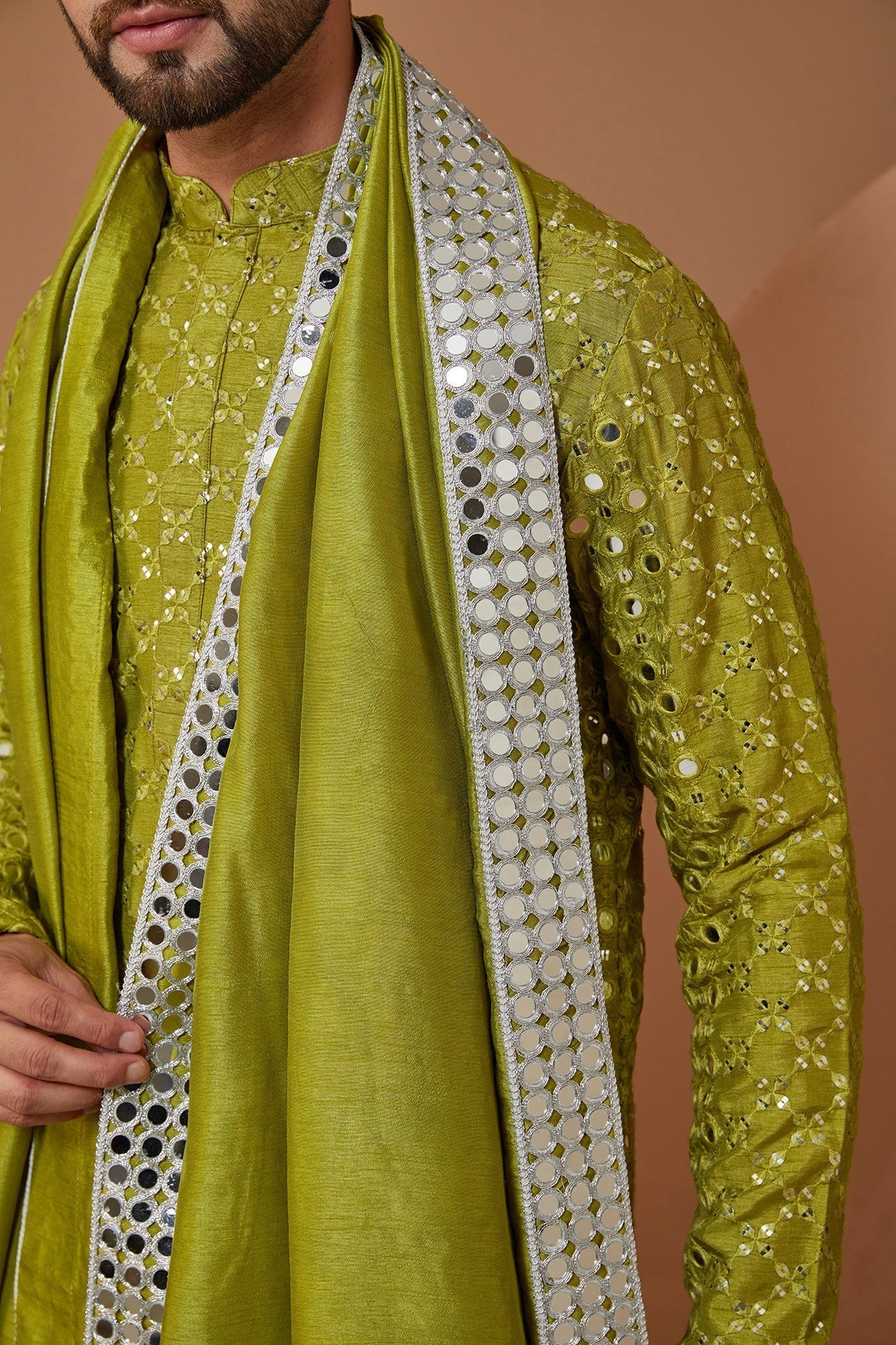 Mehndi Green Signature Mirrorwork Kurta with Stole - kasbahmen