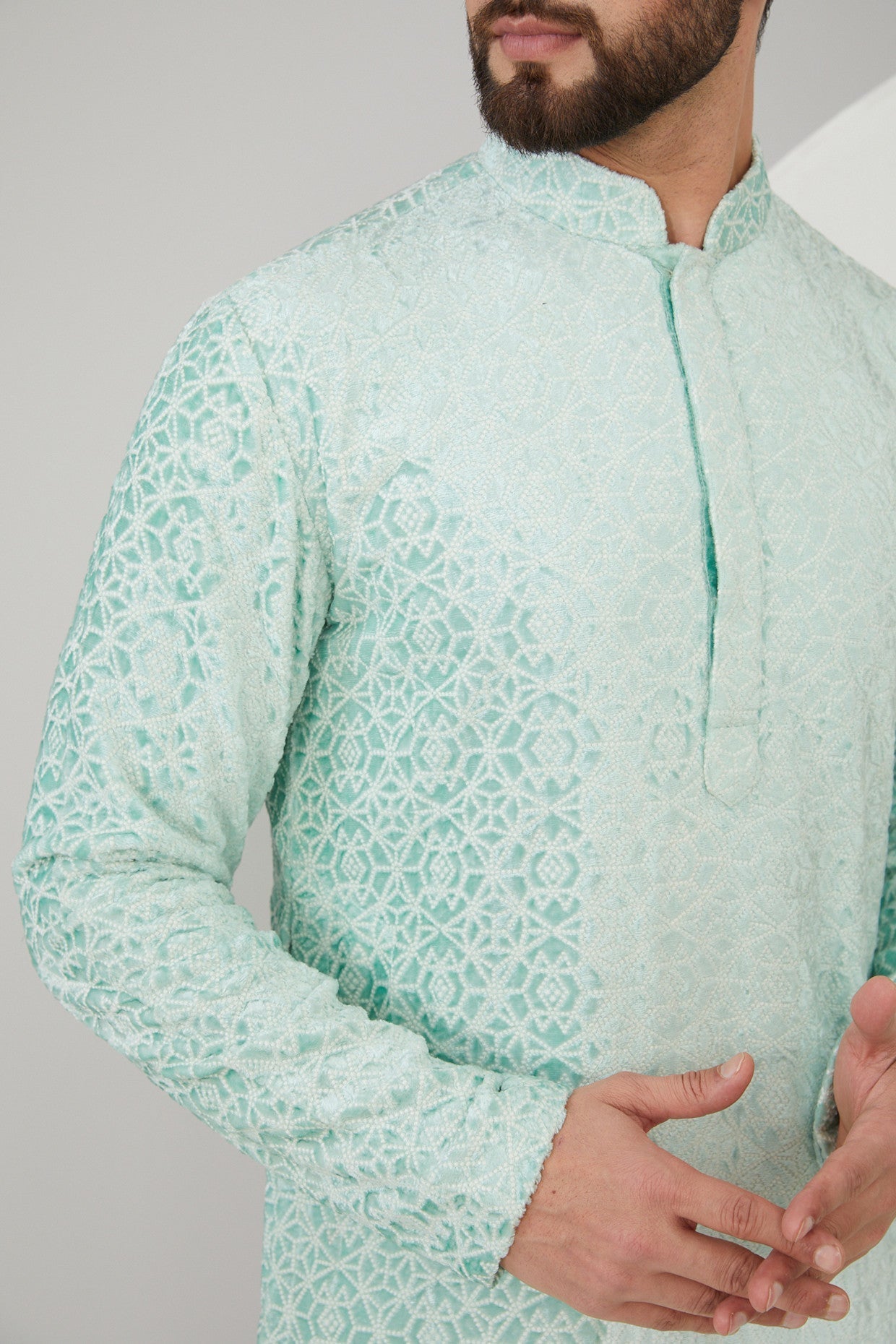 Ice Blue Velvet Geometric Embroidered Kurta - kasbahmen