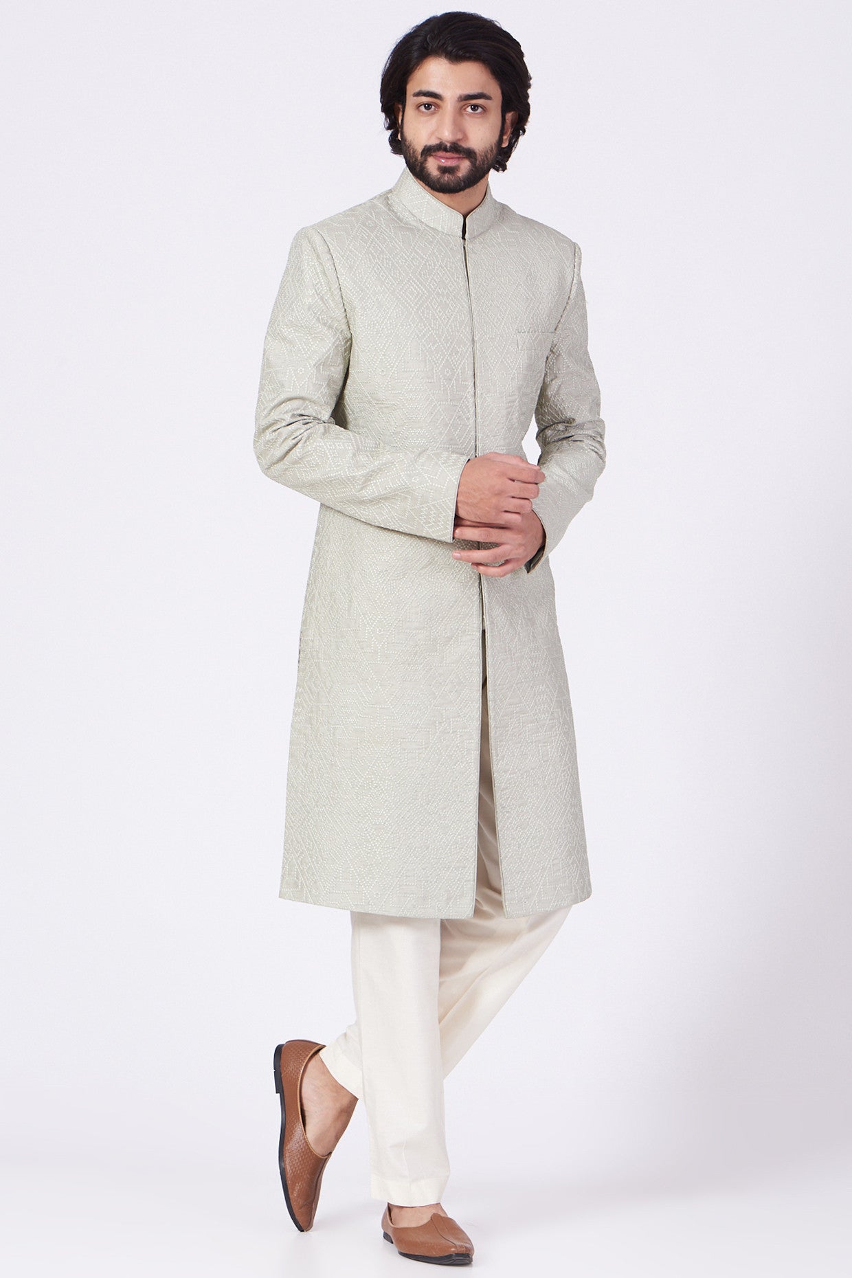 Mint Green Geometric Embroidered Sherwani - kasbahmen