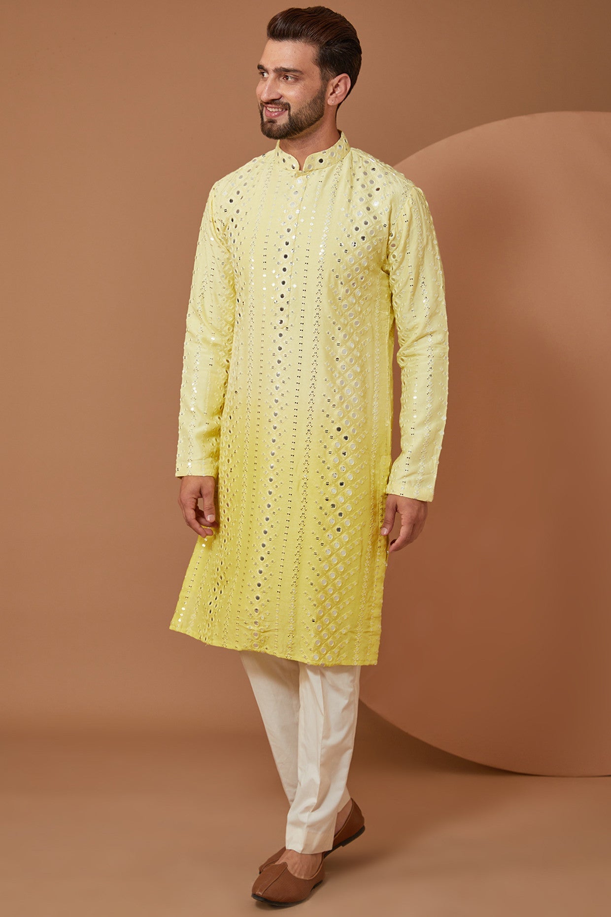 Yellow Ombre Shaded Mirror work kurta - kasbahmen