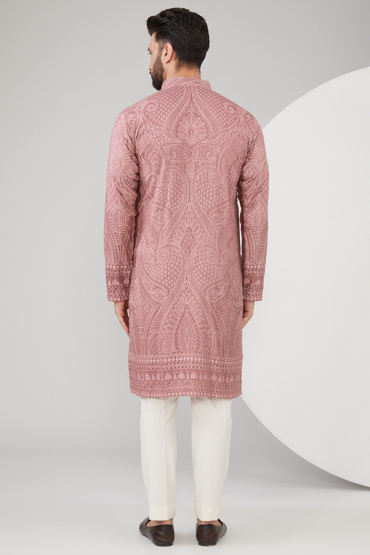 Mud Pink Silk Thread Embroidered Chikankari Kurta - kasbahmen